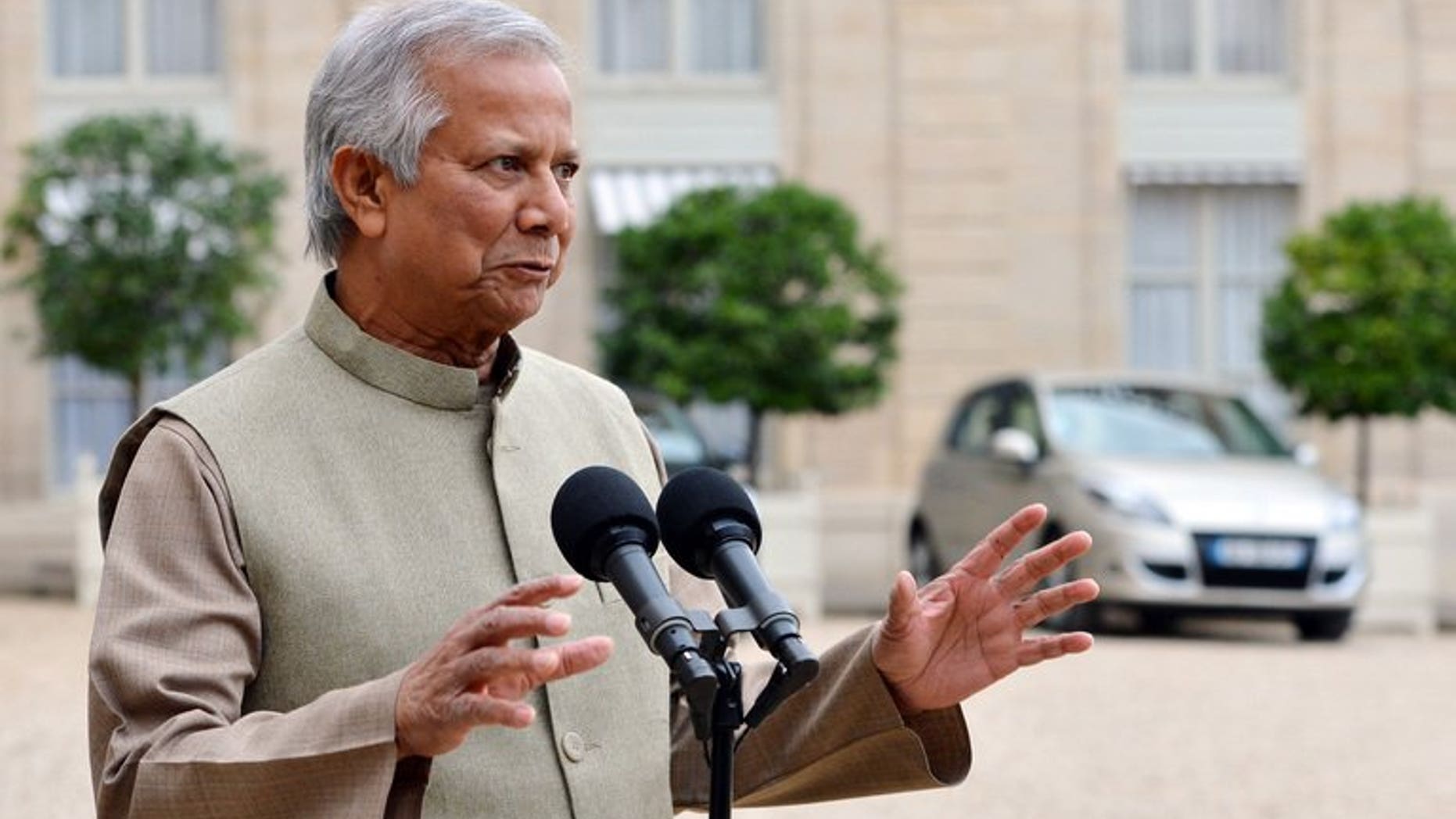 Grameen Bank founder Muhammad Yunus speaks to the press at the Elysee Palace in Paris, last October. Bangladesh's pioneering microlender faces an uncertain future after a commission proposed the government take over or break up the Nobel-award-winning bank, analysts said Tuesday.
