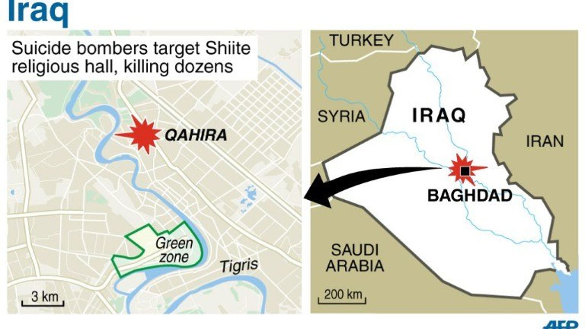 Map locating the Baghdad district of Qahira, where a twin suicide bomb attack killed dozens at a Shiite religious hall. Twin suicide bombings killed 31 people after midday prayers at a Shiite Muslim religious centre in Baghdad, the latest in violence sparking fears of a revival of full-blown sectarian bloodshed.