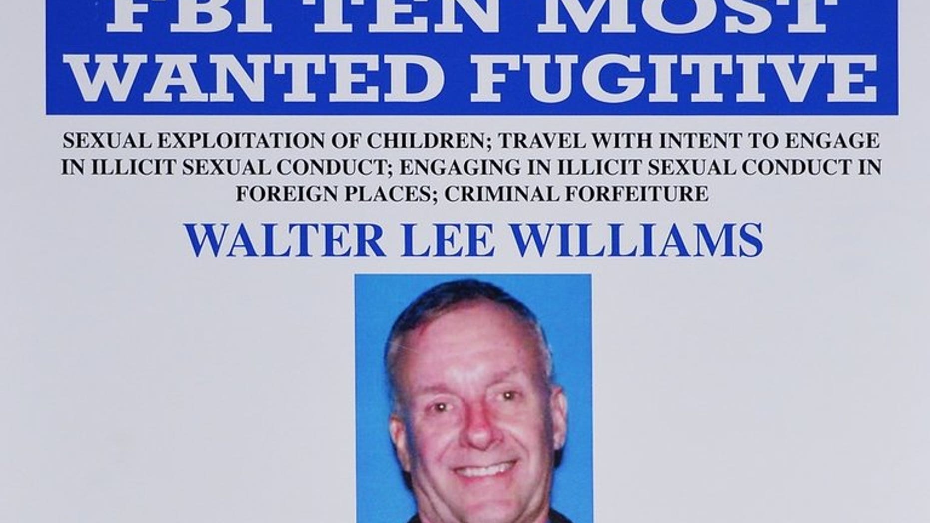 A photo shows a detail of a Federal Bureau of Investigation wanted poster for alleged child sex predator Walter Lee Williams, following a press conference on June 17, 2013 at the Newseum in Washington. Mexican officials said late Tuesday they had arrested Williams