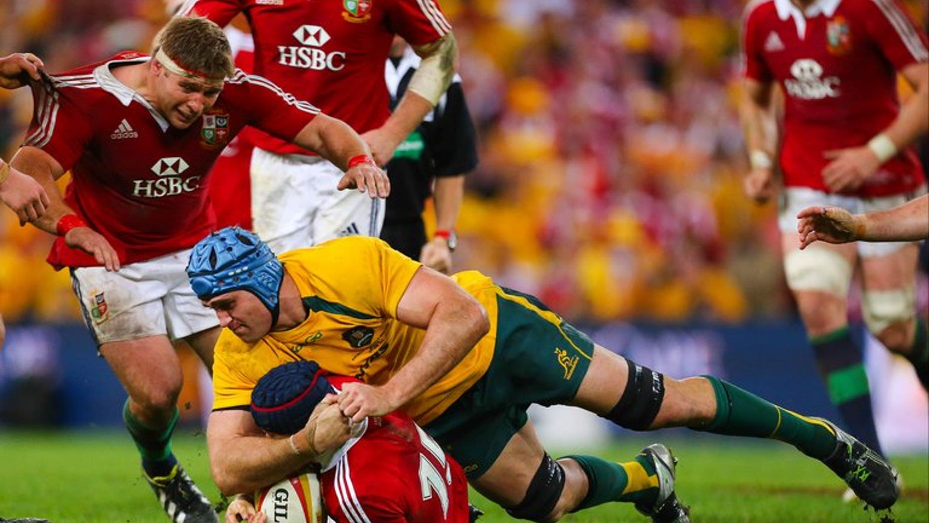 Australian captain James Horwill tackles British and Irish Lions' Leigh Halfpenny on June 22, 2013. Horwill has been cited for "stamping or trampling" lock Alun Wyn Jones during the Wallabies' loss to the Lions.