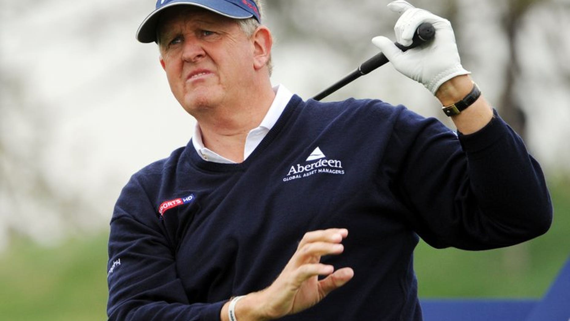 Colin Montgomerie of Scotland watches his tee shot during the Lake Malaren Shanghai Masters golf tournament in Shanghai on October 27, 2011. The Scotsman has confirmed he will make his debut among the ranks of the seniors at The Senior Open Championship to be played at Royal Birkdale from July 25-28.