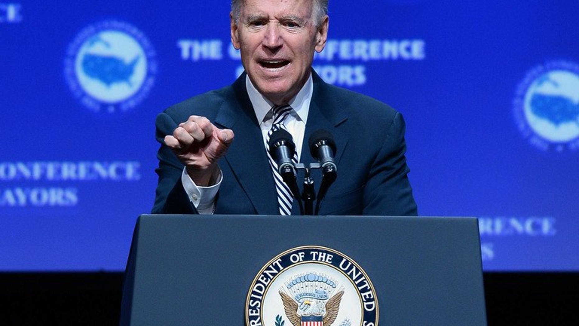 US Vice President Joe Biden speaks at the 81st annual US. Conference of Mayors at the Mandalay Bay Convention Center in Las Vegas, on June 21, 2013. Biden will travel to India next month in what will be the highest level visit by an American official for three years, Secretary of State John Kerry has said on a trip to New Delhi.