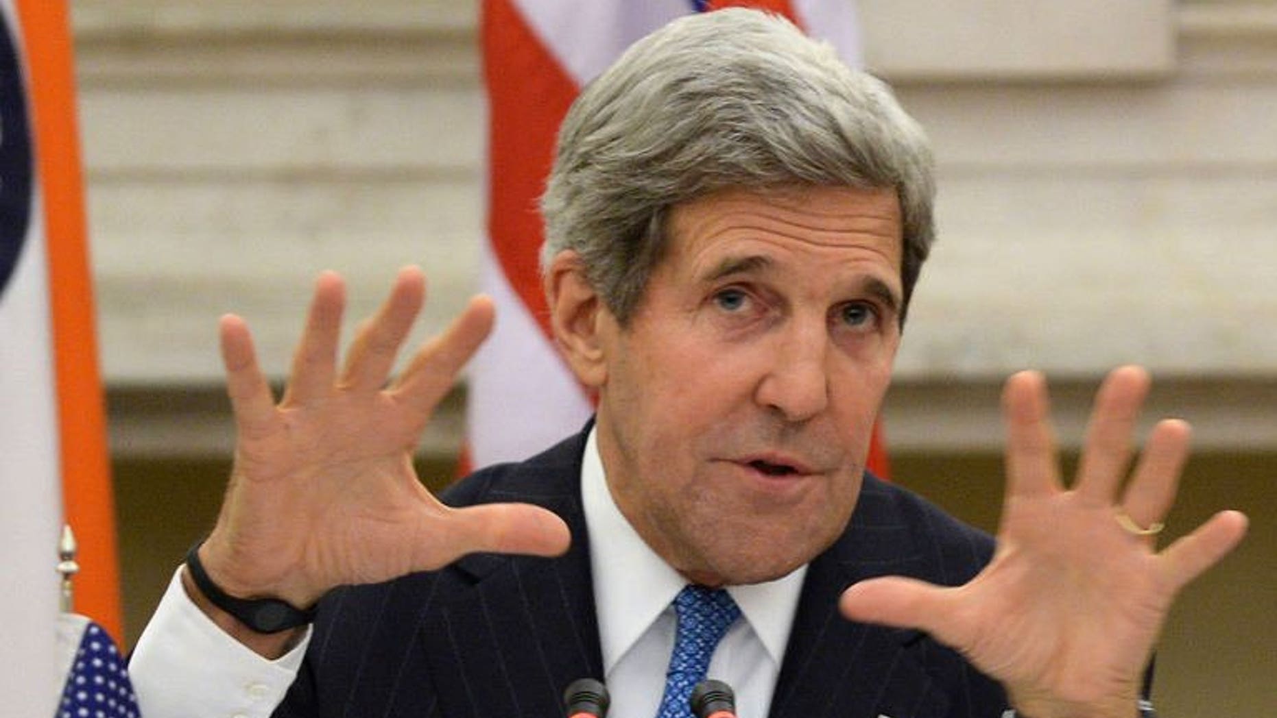 US Secretary of State John Kerry addresses a joint press conference with his Indian counterpart Salman Khurshid (unseen) in New Delhi, on June 24, 2013. Kerry warned Monday of consequences to ties with Moscow and Beijing over an intelligence leaker's flight from Hong Kong to Russia, saying it was "deeply troubling" if requests for his extradition had been ignored.