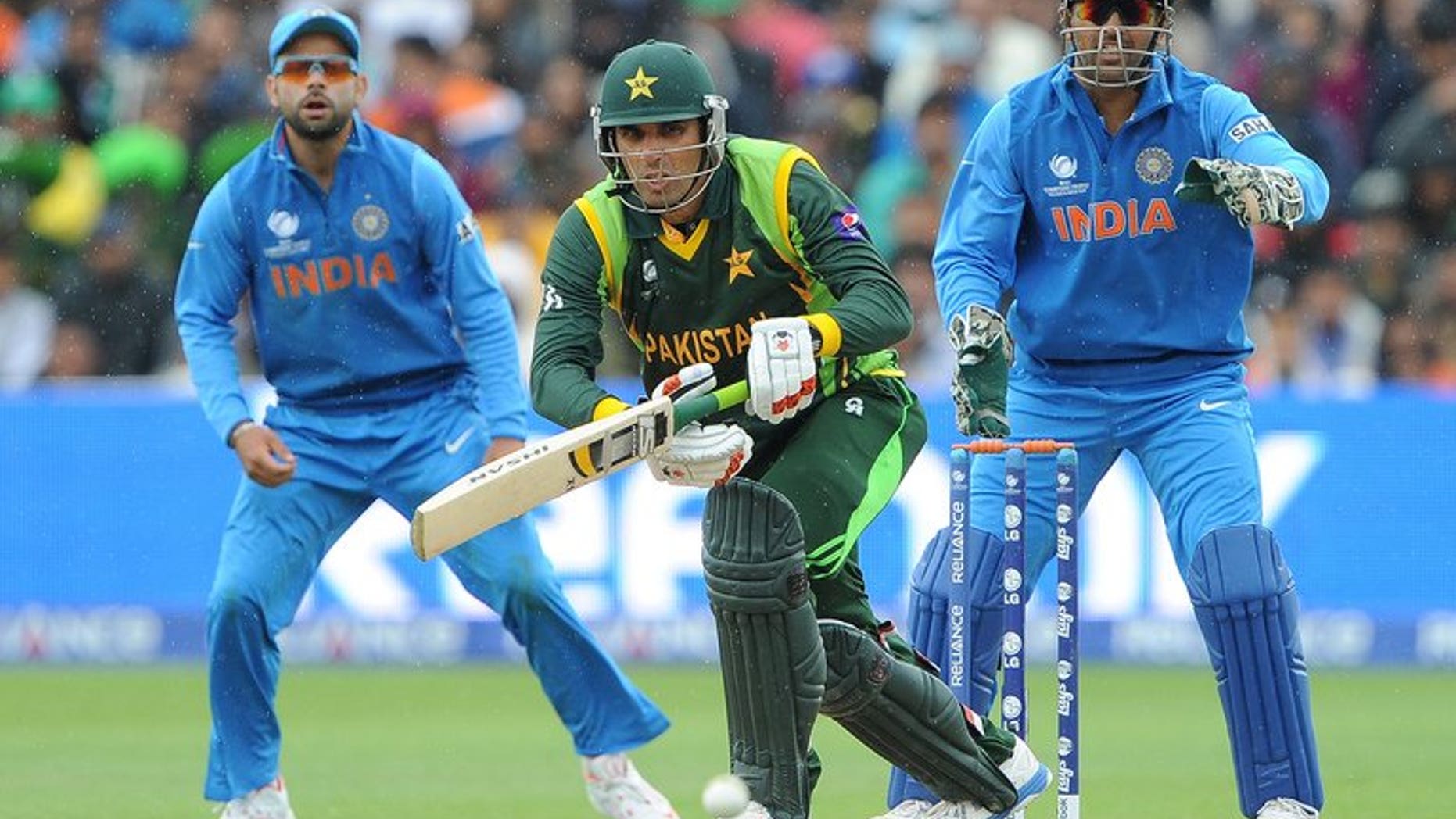 Misbah-ul-Haq (centre) bats for Pakistan against India in a Champions Trophy game at Edgbaston on June 15. Pakistan Monday conceded their next two cricket series will be held at neutral venues, inviting bids to host South Africa and Sri Lanka in the United Arab Emirates.