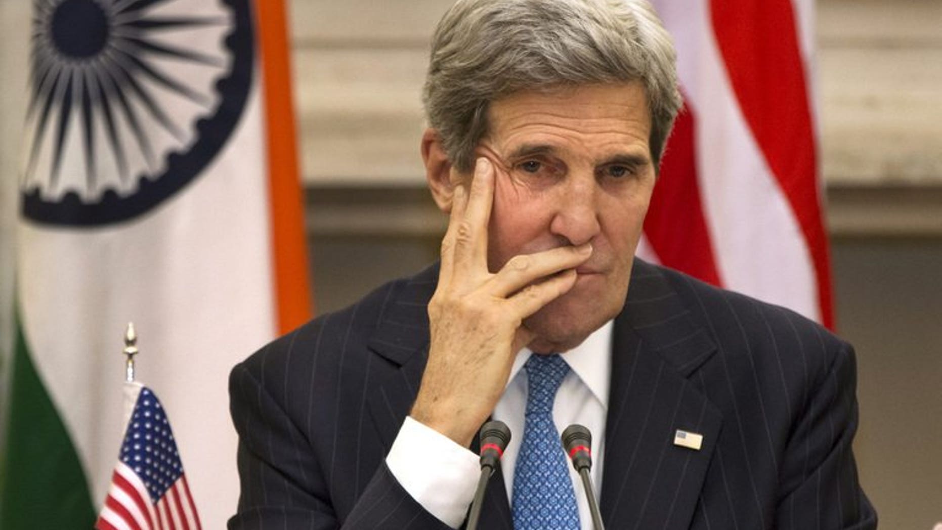 US Secretary of State John Kerry during a press conference in New Delhi on June 24, 2013. Kerry headed to Saudi Arabia in hopes of coordinating support for Syria's rebels, amid fears that a prolonged civil war will embolden extremists.