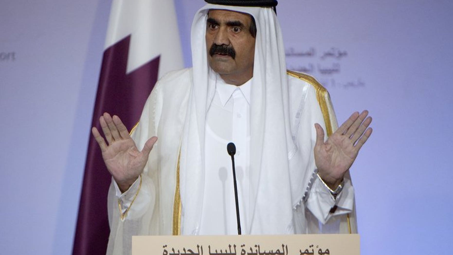 The emir of Qatar, Sheikh Hamad bin Khalifa al-Thani, speaks during a press conference on September 1, 2011. The succession of power in Qatar is not expected to disrupt the tiny Gulf state's rising international political influence or its role as an economic powerhouse with a global reach, analysts say.