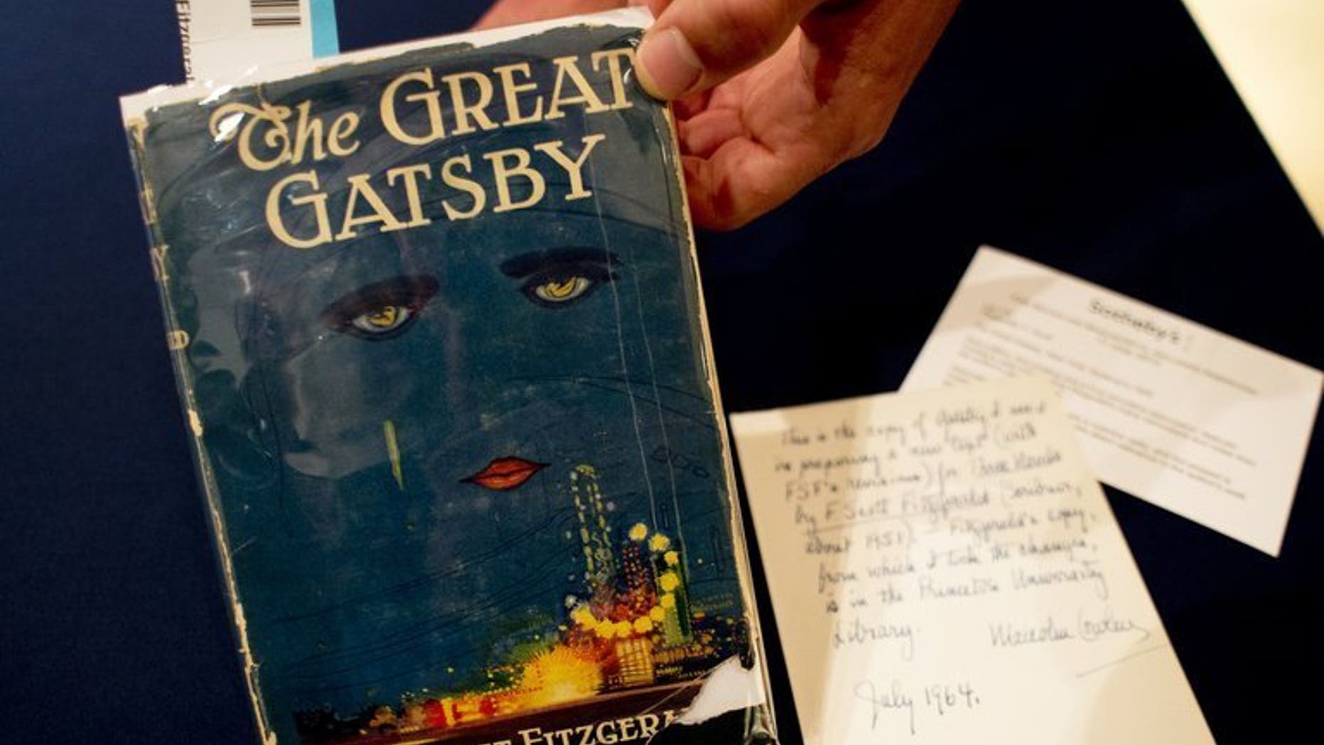 A copy of "The Great Gatsby" by F. Scott Fitzgerald is displayed June 6, 2013 at Sotheby's in New York. A French Riviera villa where "The Great Gatsby" author Francis Scott Fitzgerald and his wife Zelda lived between 1922 and 1924 is up for sale for 27.5 million euros ($36 million), Sotheby's International Realty said on Friday.