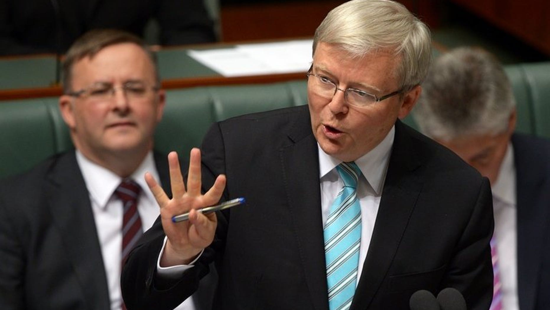 Australian Prime Minister Kevin Rudd speaks in parliament on June 27, 2013. His return has delivered his flagging Labor party a six percentage point bounce, according to polls that also showed him as preferred leader over Tony Abbott.