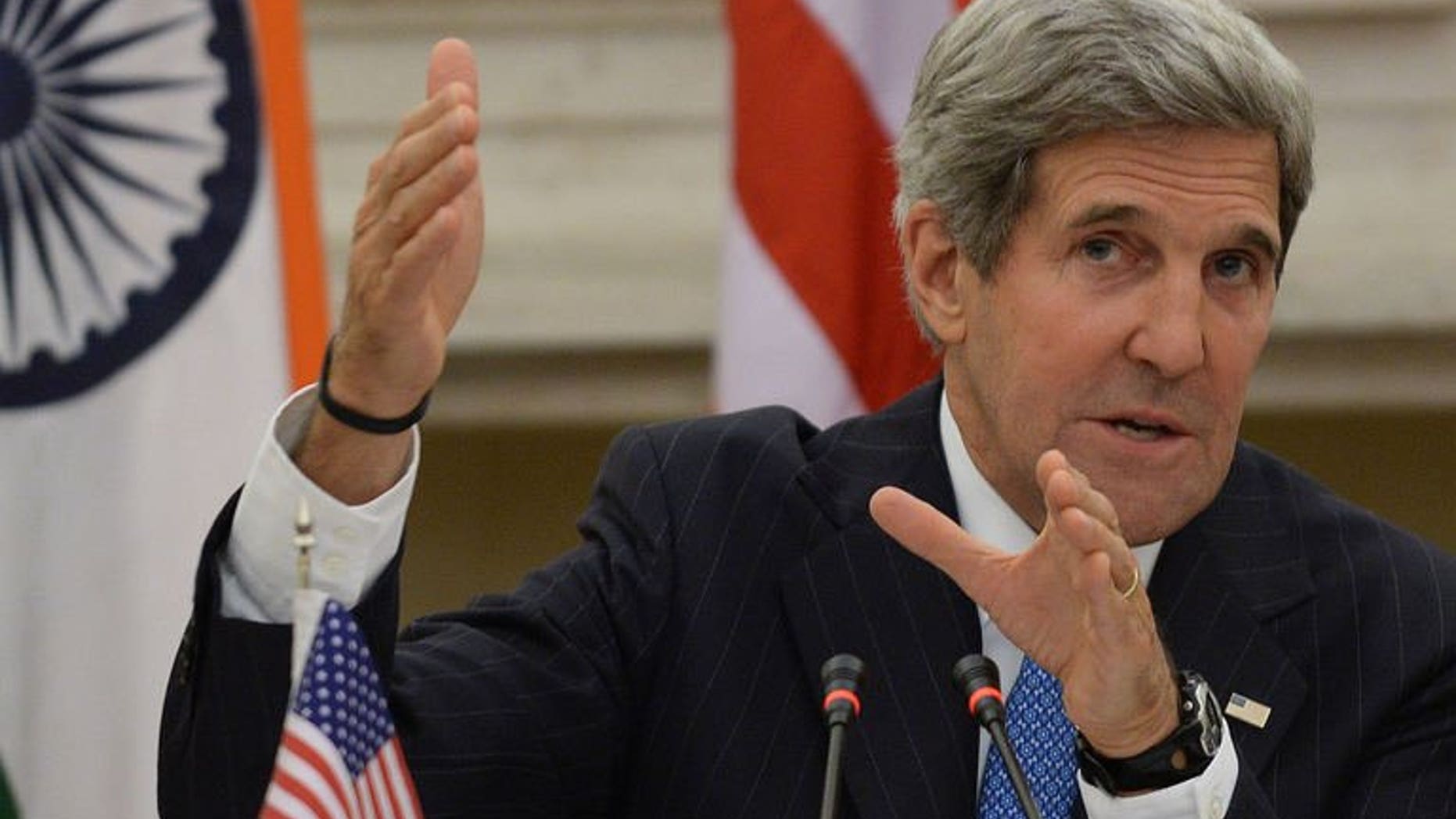 US Secretary of State John Kerry addresses a joint press conference with Indian External Affairs Minister Salman Khurshid (unseen) in New Delhi on June 24, 2013. Kerry plans to attend Southeast Asian talks in Brunei from Monday, where he will try to quash fears that the vaunted US refocus on the region is not serious.