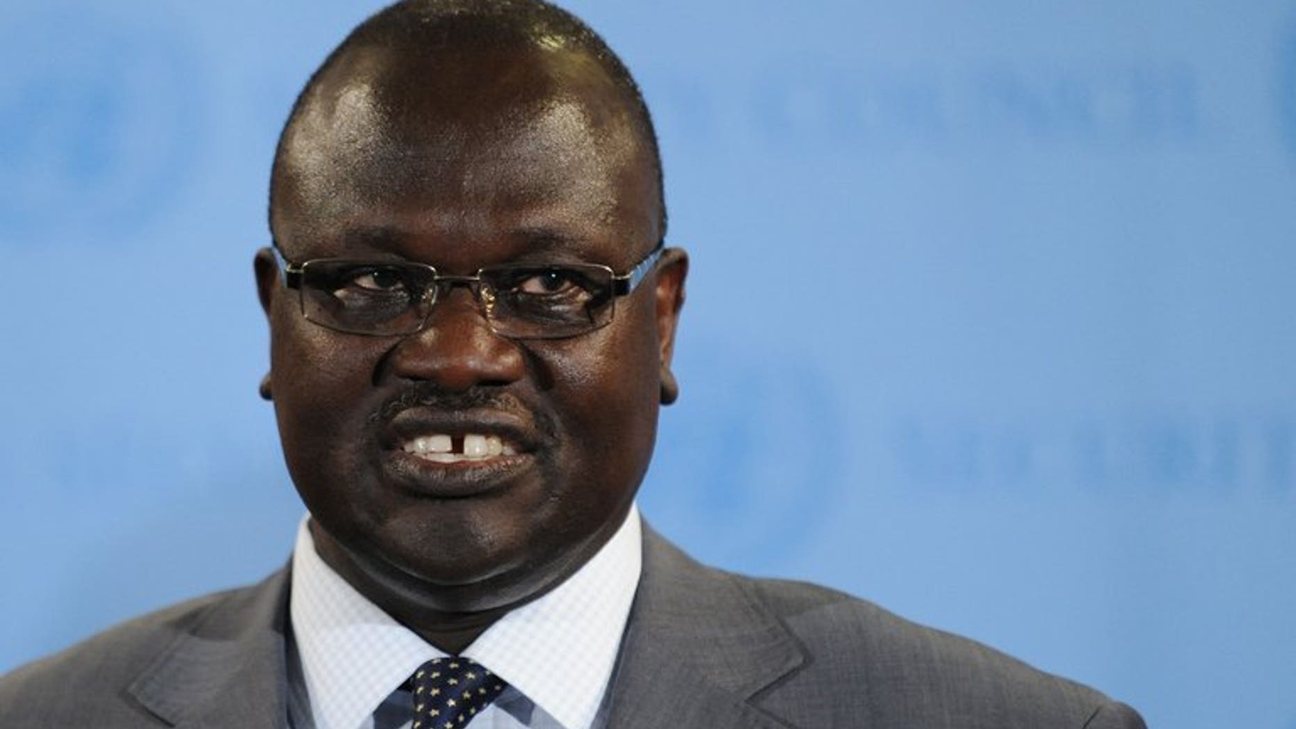 Riek Machar, Vice President of South Sudan, speaks to the media on July 13, 2011 at UN headquarters in New York. Machar arrived in the Sudanese capital seeking to ease tensions after Khartoum threatened to halt oil flows worth billions of dollars to both impoverished neighbours.