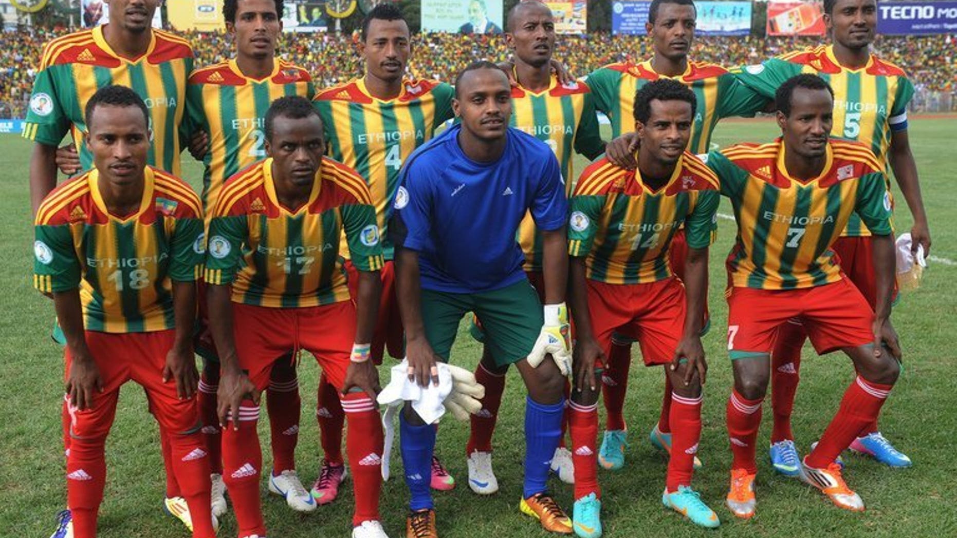 Ethiopia's national football team pictured before the 2014 FIFA World Cup qualifying match against South Africa in Addis Ababa on on June 16, 2013. South Africa returned Monday to the race for places at the 2014 World Cup after Ethiopia forfeited three points for fielding an ineligible player.