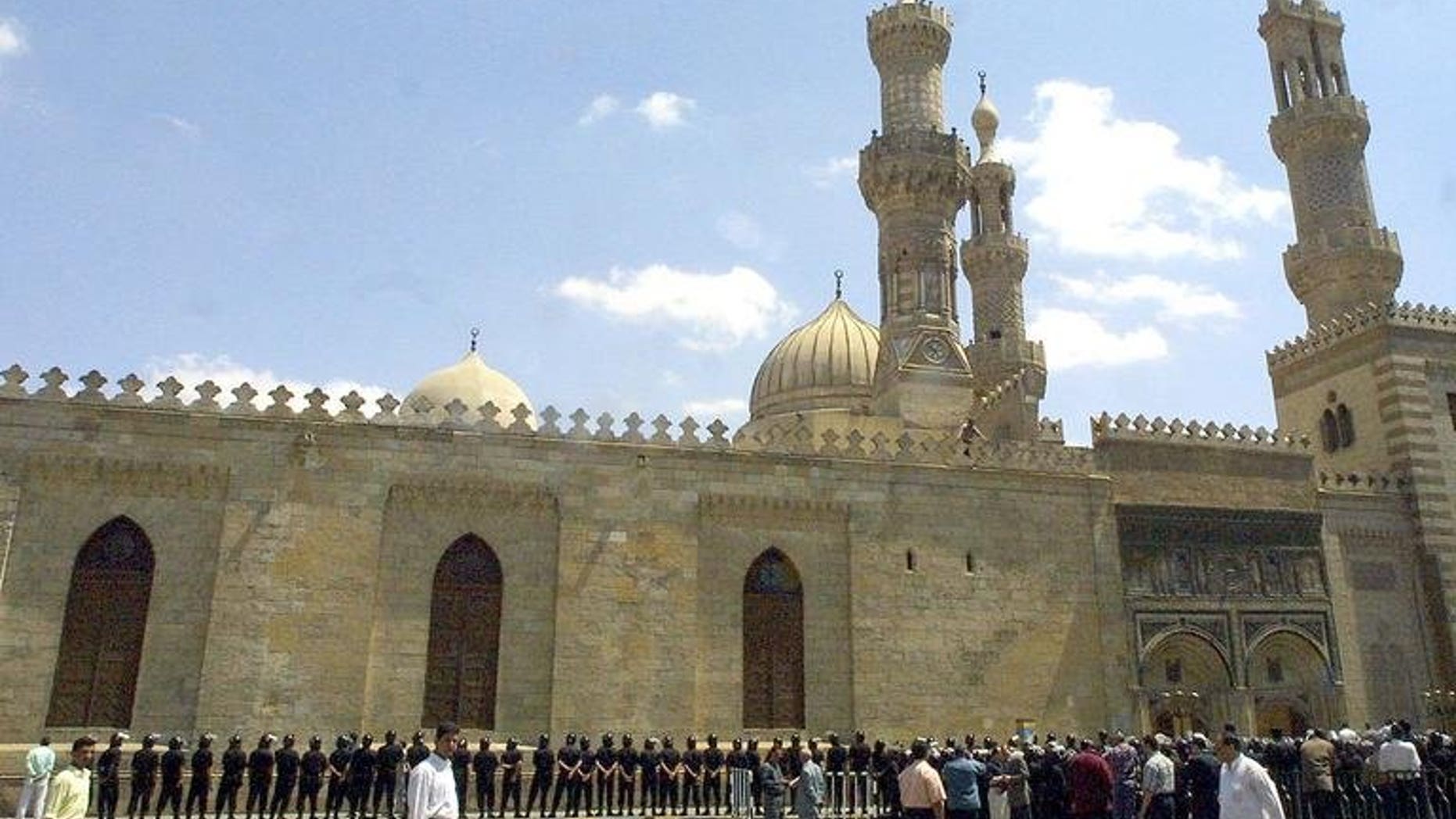A file picture taken on April 19, 2002 shows Cairo's al-Azhar mosque. The Al-Azhar has voiced concern about the infiltration of gunmen into "peaceful" protests across Egypt demanding the resignation of Islamist President Mohamed Morsi.