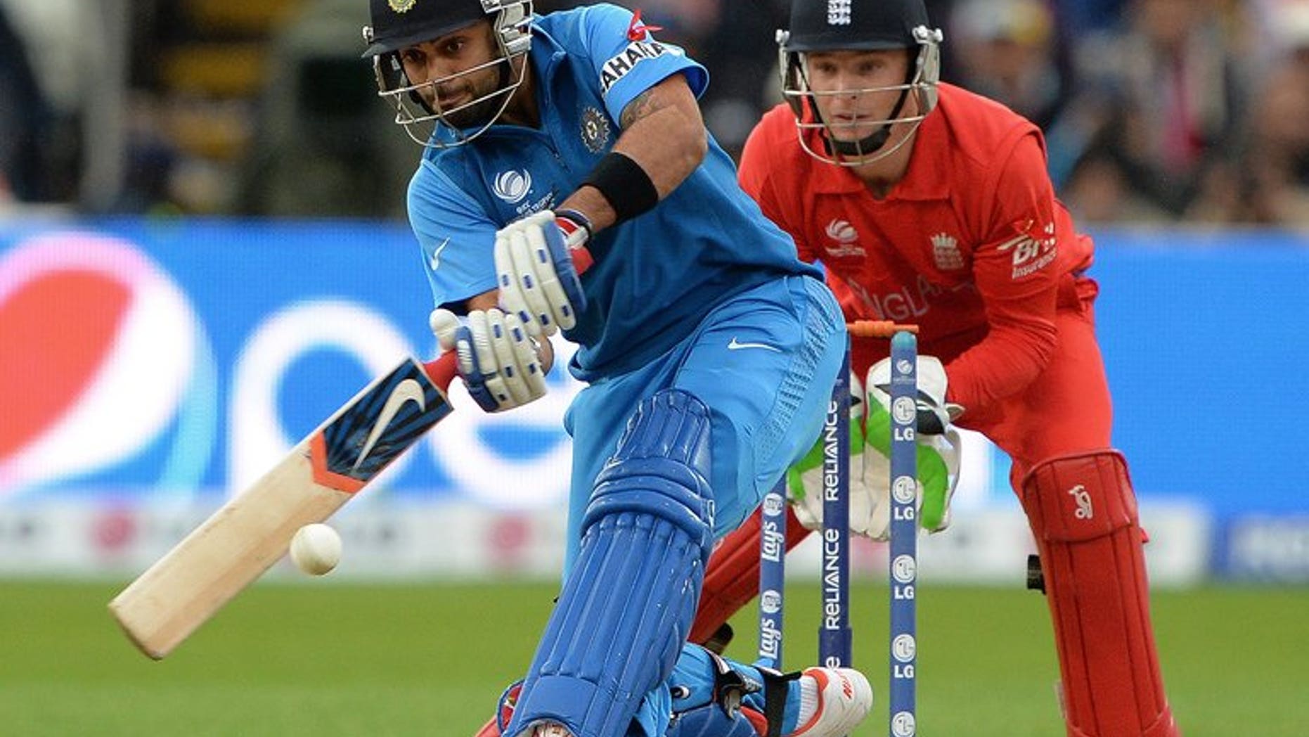 Virat Kohli hits a six for India against England in the Champions Trophy final at Edgbaston on June 23. India and Sri Lanka go in search of their first points of the Tri-Nation Series when they meet on Tuesday at Sabina Park as the preliminary phase of the competition reaches the halfway point.