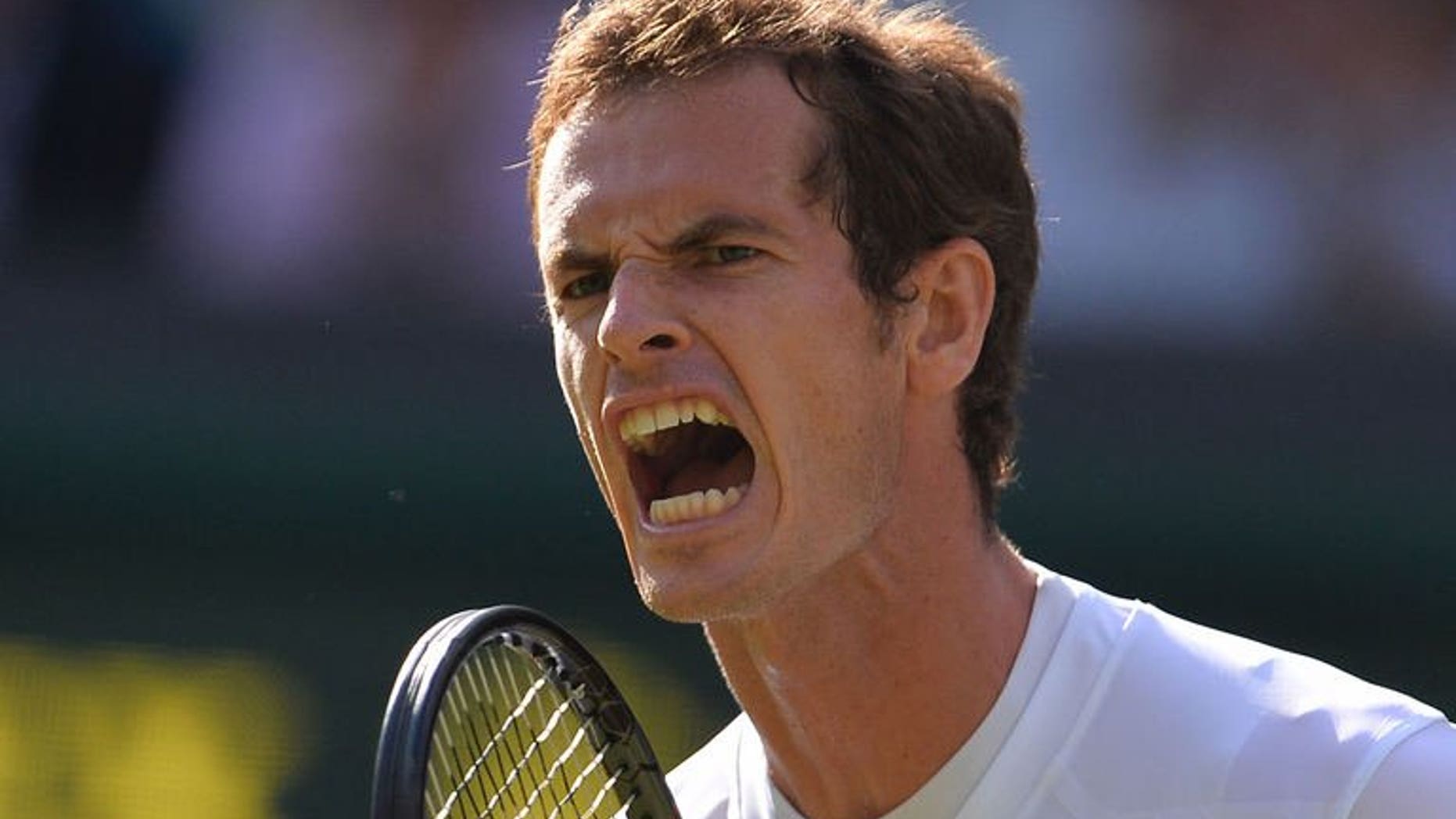 Britain's Andy Murray celebrates winning the second set against Russia's Mikhail Youzhny during their fourth round men's singles match on day seven of Wimbledon at the All England Club in London, on July 1, 2013. Murray won 6-4, 7-6 (7/5), 6-1.