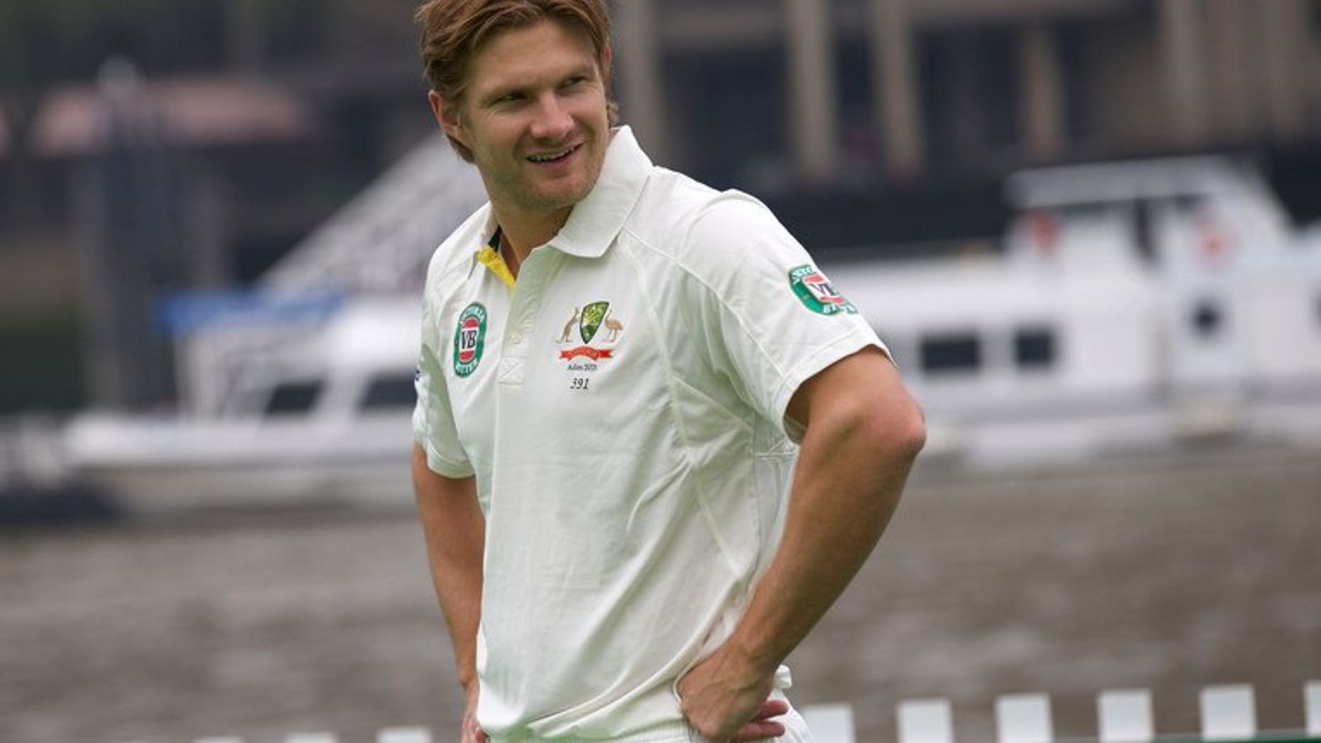 Australian cricketer Shane Watson plays on a barge in the river Thames in central London on June 20, 2013. Watson marked new coach Darren Lehmann's decision to restore him to the top of the order by scoring a century in the tourists' final Ashes warm-up match against Worcestershire on Tuesday.