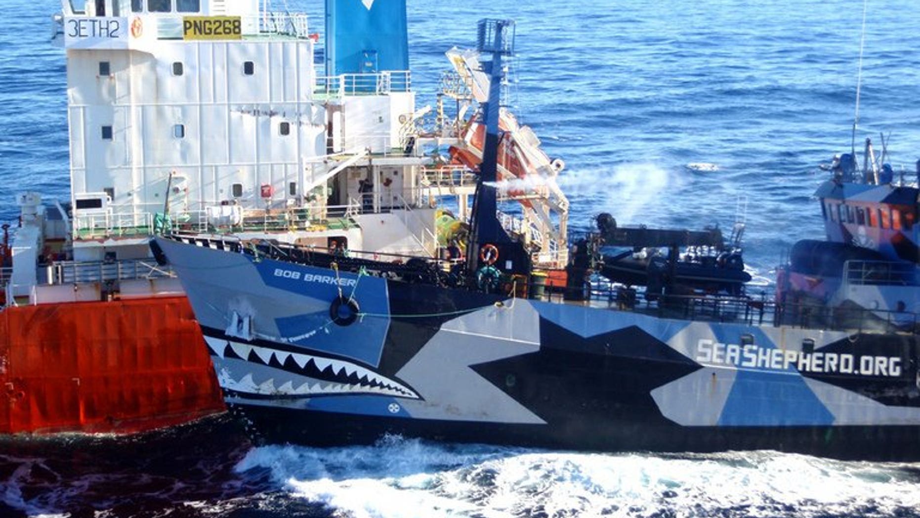 A Sea Shepherd ship (R) collides with a Japanese whaling fleet fuel tanker on February 25, 2013. Militant anti-whaling organisation Sea Shepherd Australia suffered a blow to its fundraising hopes when a court rejected a bid for donations to be tax-deductible.