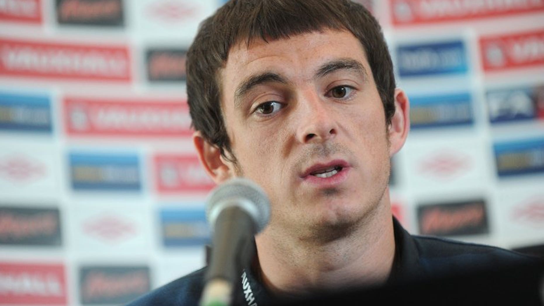 Everton defender Leighton Baines speaks during a press conference with the England squad in Hertfordshire, on September 4, 2012. New Everton manager Roberto Martinez illustrated his determination to fend off Manchester United's interest in Baines by describing the England international as "an icon".