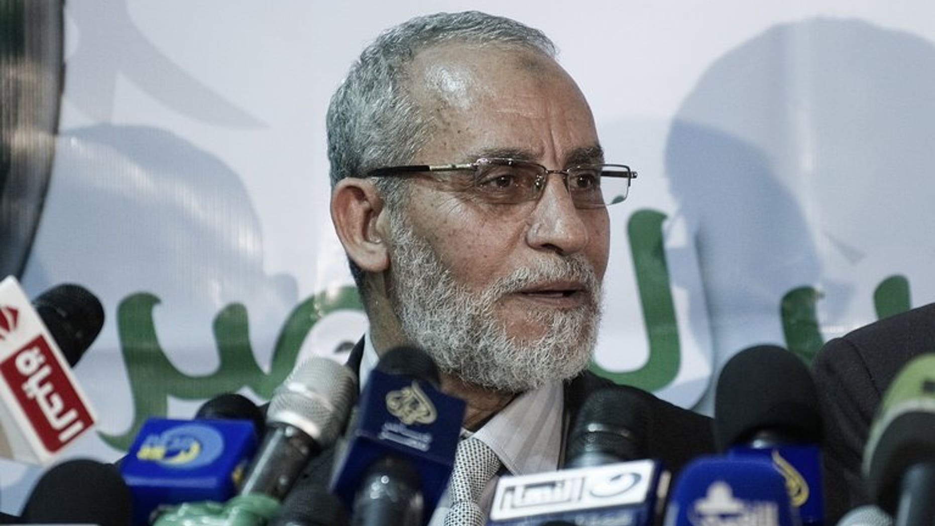 Egypt's Muslim Brotherhood leader Mohamed Badie speaks during a press conference in Cairo, on March 31, 2012. Egyptian authorities have issued an arrest warrant for Badie and his first deputy Khairat El-Shater, a judicial source tells AFP.