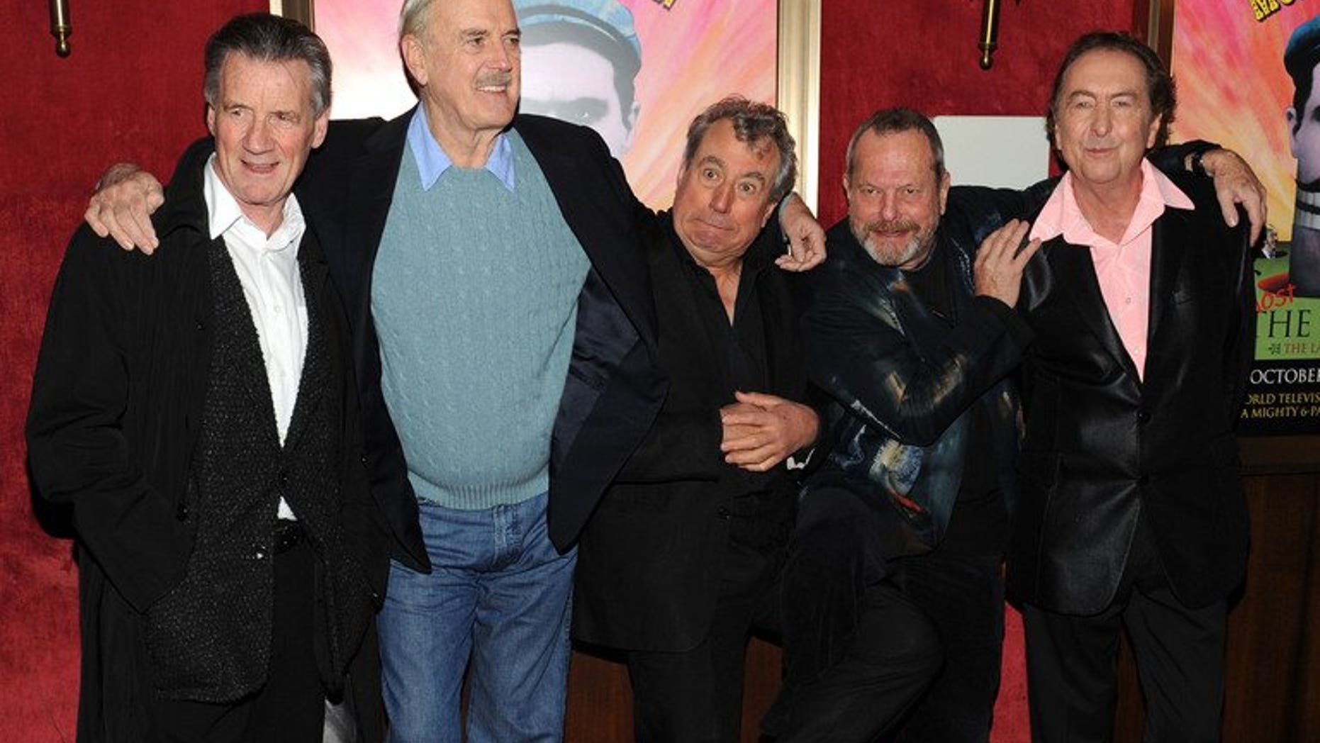 (From left) Actors Michael Palin, John Cleese, Terry Jones, Terry Gilliam and Eric Idle attend the IFC & BAFTA Monty Python 40th Anniversary event in New York City on October 15, 2009. The producer of the cult film "Monty Python and the Holy Grail" won his battle in Britain's High Court to boost his share of the profits from the hit spin-off musical, "Spamalot".