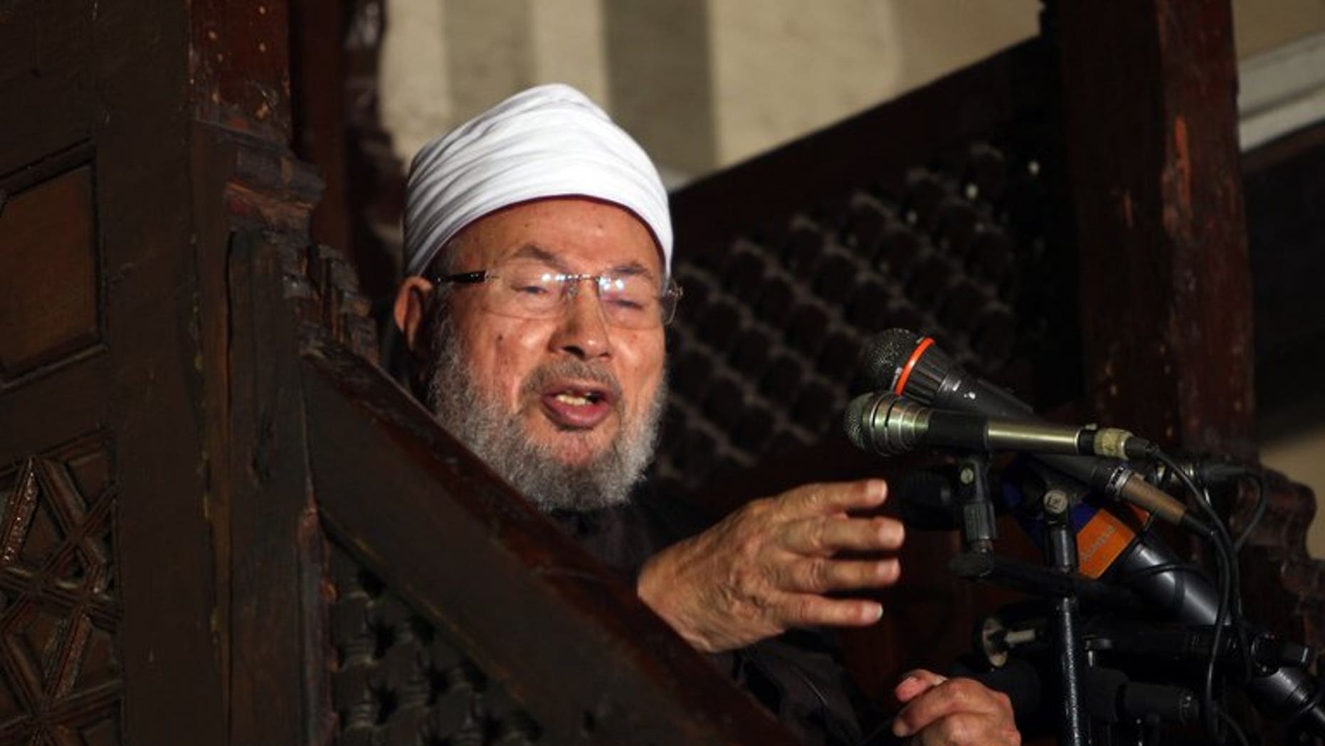 Egyptian Muslim scholar Sheikh Yusuf al-Qaradawi speaks in Cairo on December 28, 2012. Qaradawi on Saturday issued a religious decree, or fatwa, urging Egyptians to support overthrown Islamist president Mohamed Morsi who was toppled by the army on Wednesday.