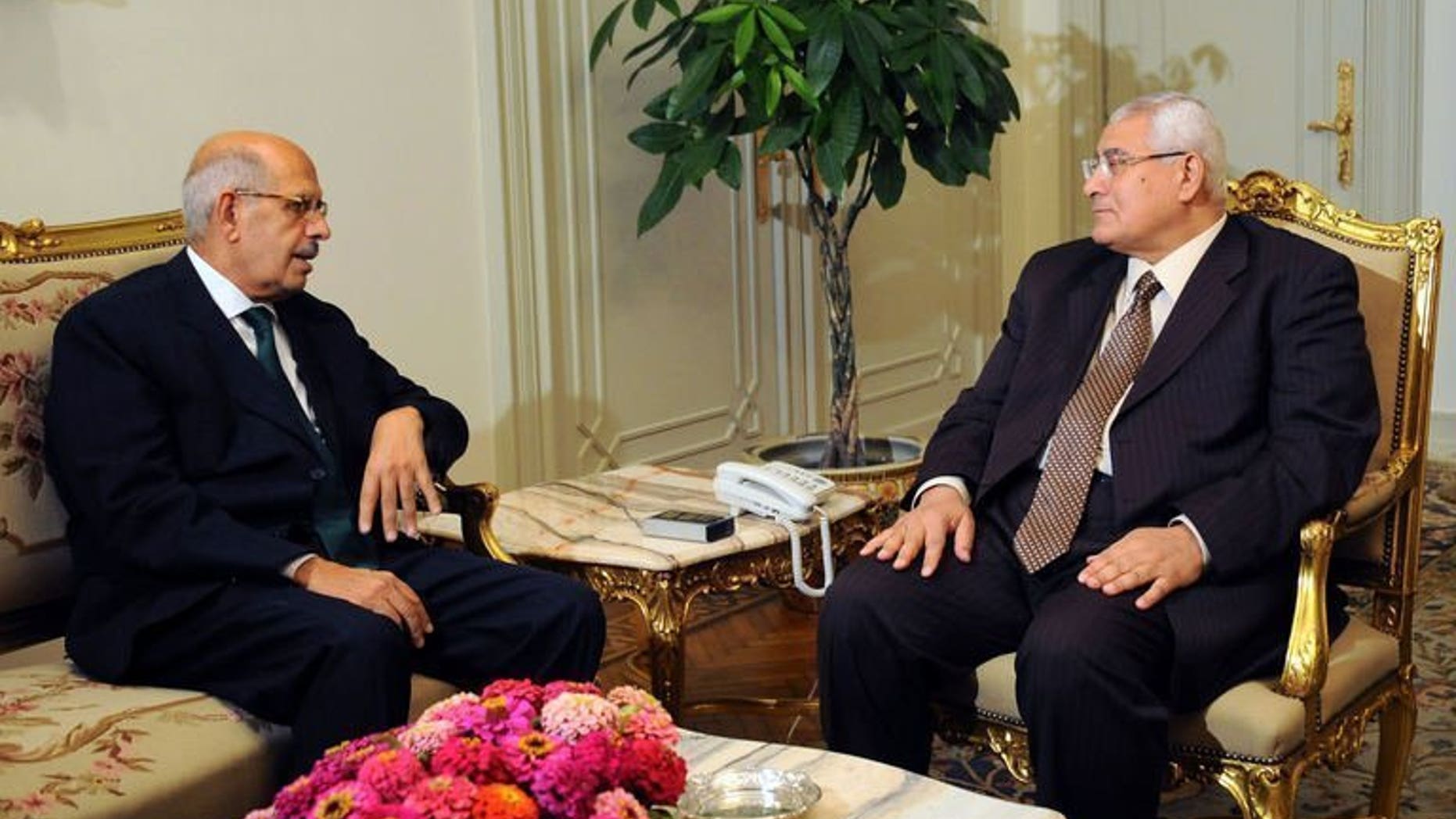 A handout picture released by the Egyptian Presidency shows Egypt's interim president Adly Mansour (R) meeting with opposition National Salvation Front leader Mohamed ElBaradei in Cairo on July 6, 2013. Egypt's presidency said Saturday that ElBaradei has not been officially appointed prime minister, after several official sources said the former UN nuclear watchdog chief had been named premier.