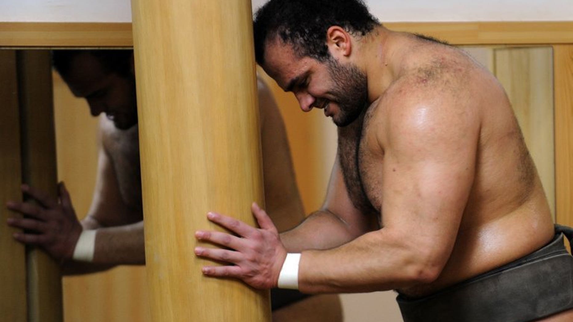 Egyptian sumo wrestler Osunaarashi pushes a log during a training session in Tokyo on February 14, 2013. The Arab world's first professional sumo wrestler says fasting for Ramadan will give him courage during his inaugural tournament in the famously weighty elite ranks of the sport.