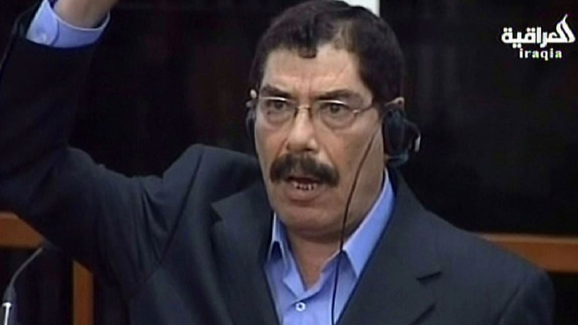 An image grab taken from the state-owned Al-Iraqiya TV shows Saddam Hussein's half-brother, former security service chief Sabawi Ibrahim al-Hassan, as the Iraqi High Tribunal sentenced him to death for crimes against humanity at the court in the Green Zone in Baghdad on March 11, 2009. Hassan died of cancer in a Baghdad hospital on Monday, the justice ministry said.