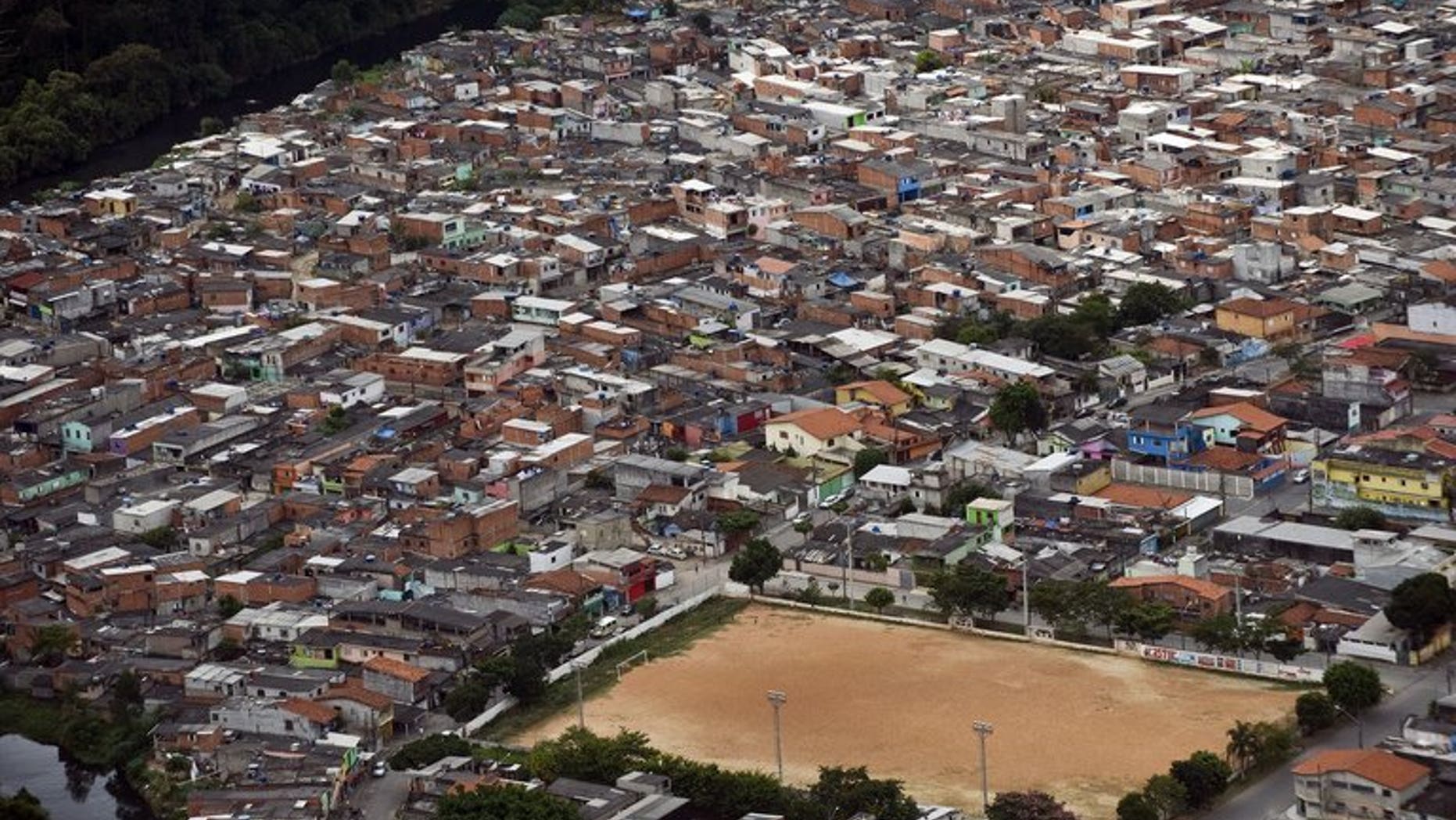 Aerial view of a football pitch on the outskirts of Sao Paulo, Brazil on April 4, 2013. A referee was lynched and decapitated by a mob in northeastern Brazil after he fatally stabbed a player who refused to leave the pitch during an amateur soccer game, according to local press reports.