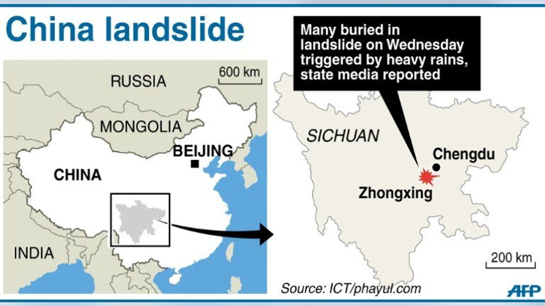Graphic map locating Zhongxing in China's Sichuan province where 30 - 40 people have been buried by a landslide Wednesday, according to state media.