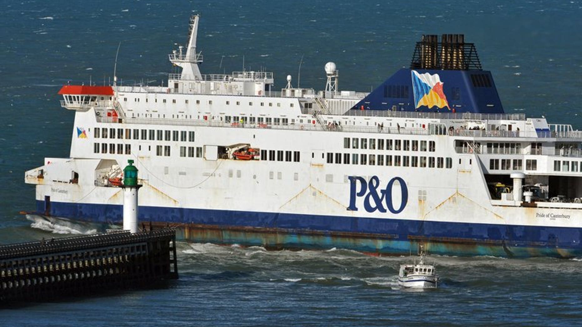 P&O ferry Pride of Canterbury leaves Calais harbour, northern France, for Dover on January 2, 2012. Police have arrested two people after 15 asylum seekers were found hidden in a tanker on board a ferry at the port of Dover.