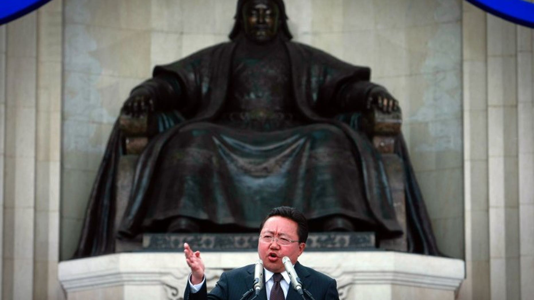 Mongolia's President Tsakhia Elbegdorj delivers a speech at the Central Square in Ulan Bator on June 23, 2013. Elbegdorj was sworn in Wednesday, promising rapid development amid a resources boom.