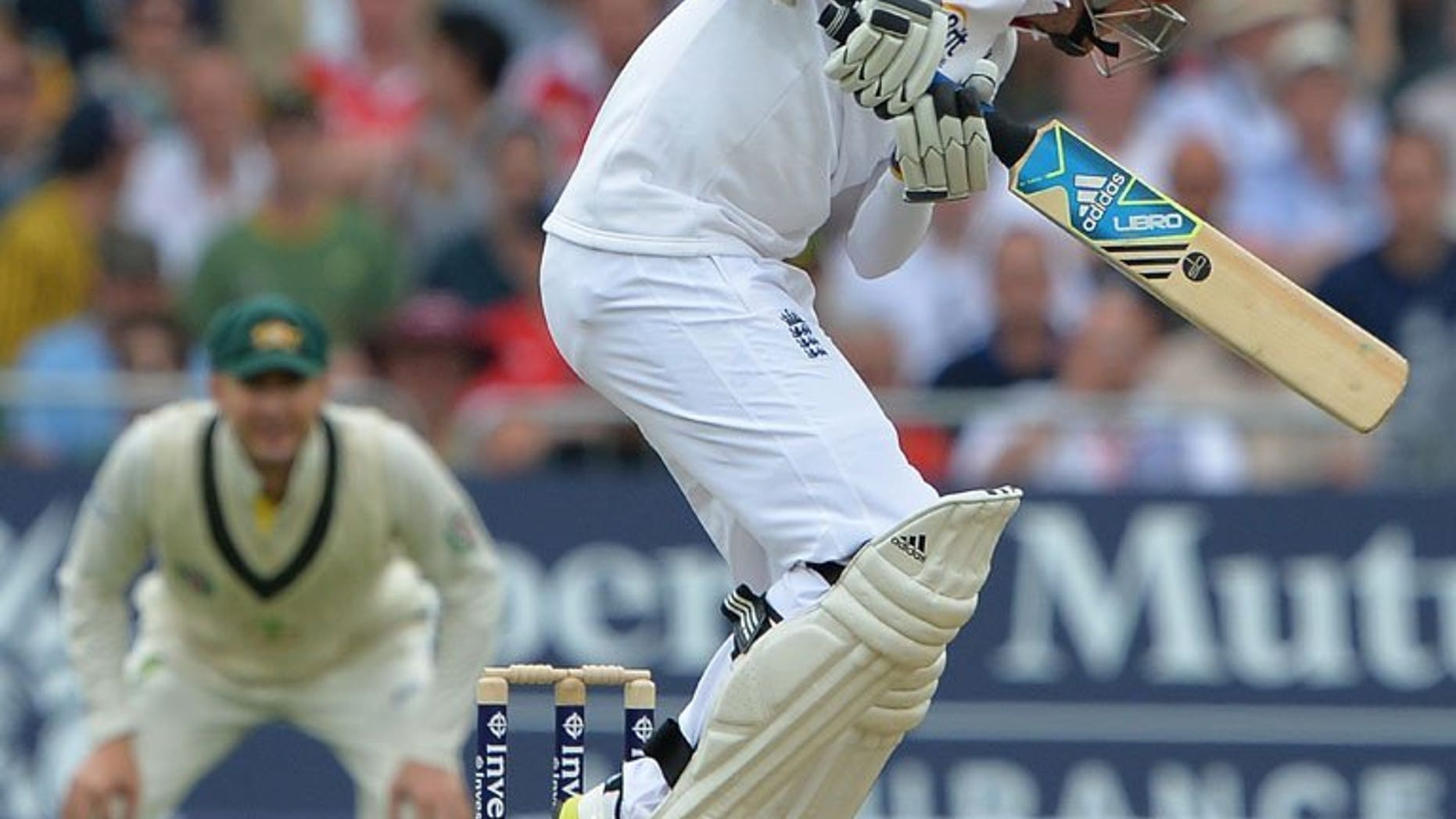 England pace bowler Stuart Broad is hit by a bouncer during the first Ashes Test against Australia at Trent Bridge in Nottingham, central England on July 10, 2013. Broad has passed a fitness test and will take the field for the start of the second day of the first Test against Australia on Thursday, the England and Wales Cricket Board confirmed in a statement.
