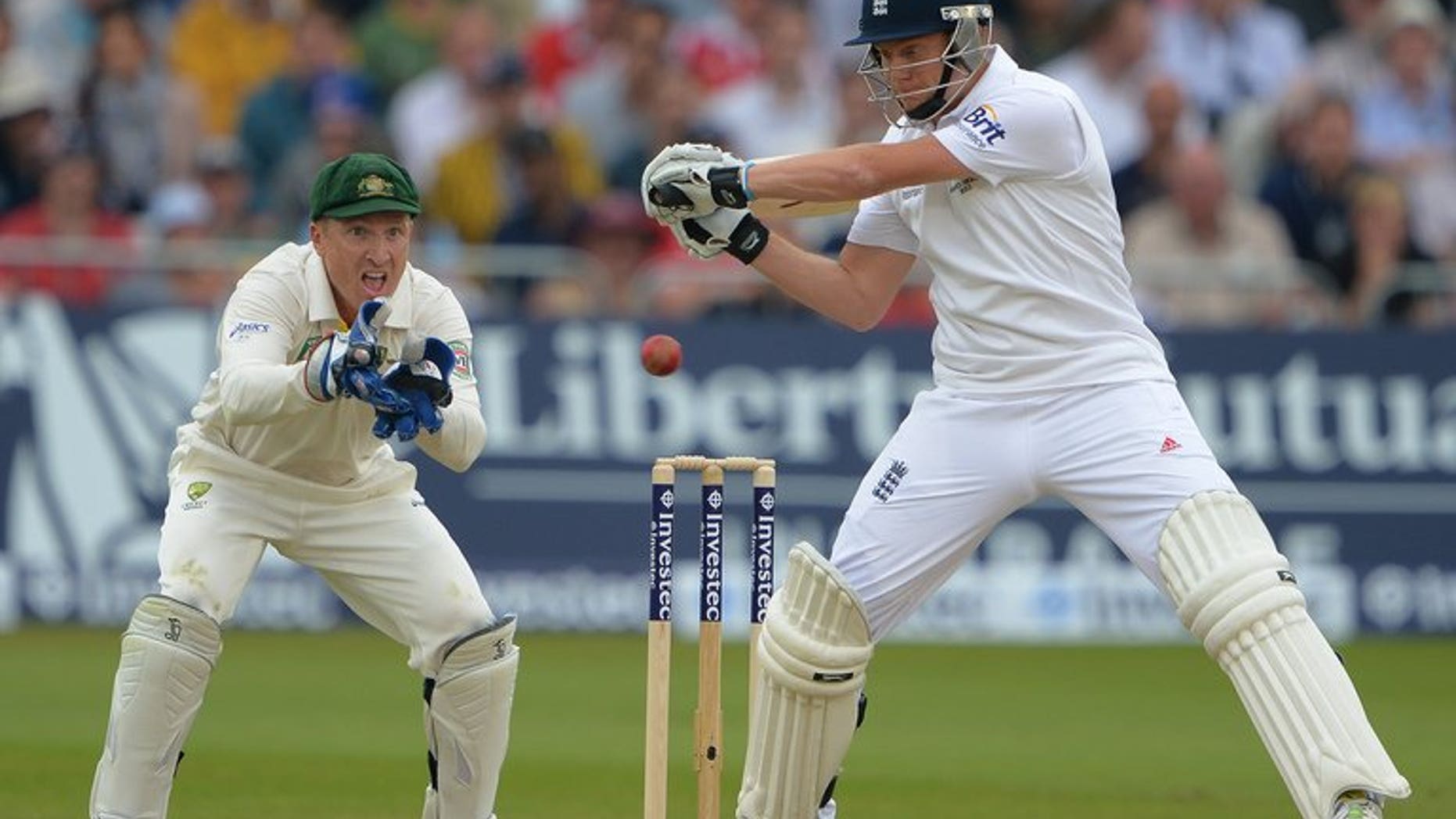 Jonny Bairstow (rights) bats in England's first innings against Australia at Trent Bridge on Wednesday. England were 157 for four in their second innings -- a lead of 92 runs -- at lunch on the third day of the first Ashes Test against Australia at Nottingham's Trent Bridge ground on Friday.
