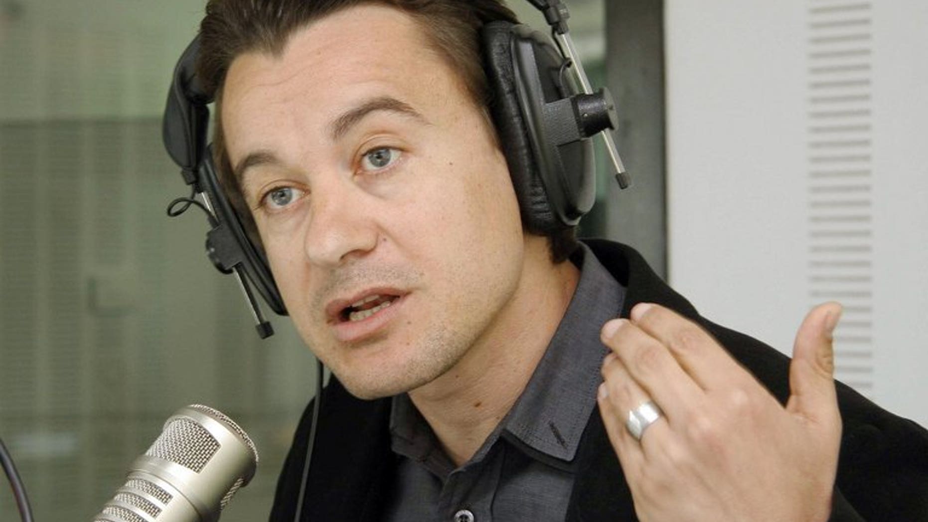 The head of a Tunisian TV channel Ettounsiya, Sami Fehri, speaks on March 24 2011 during a radio talk show in Tunis. His trial for alleged corrution during the rule of now-toppled strongman Zine El Abidine Ben Ali, opened with the defence requesting bail.