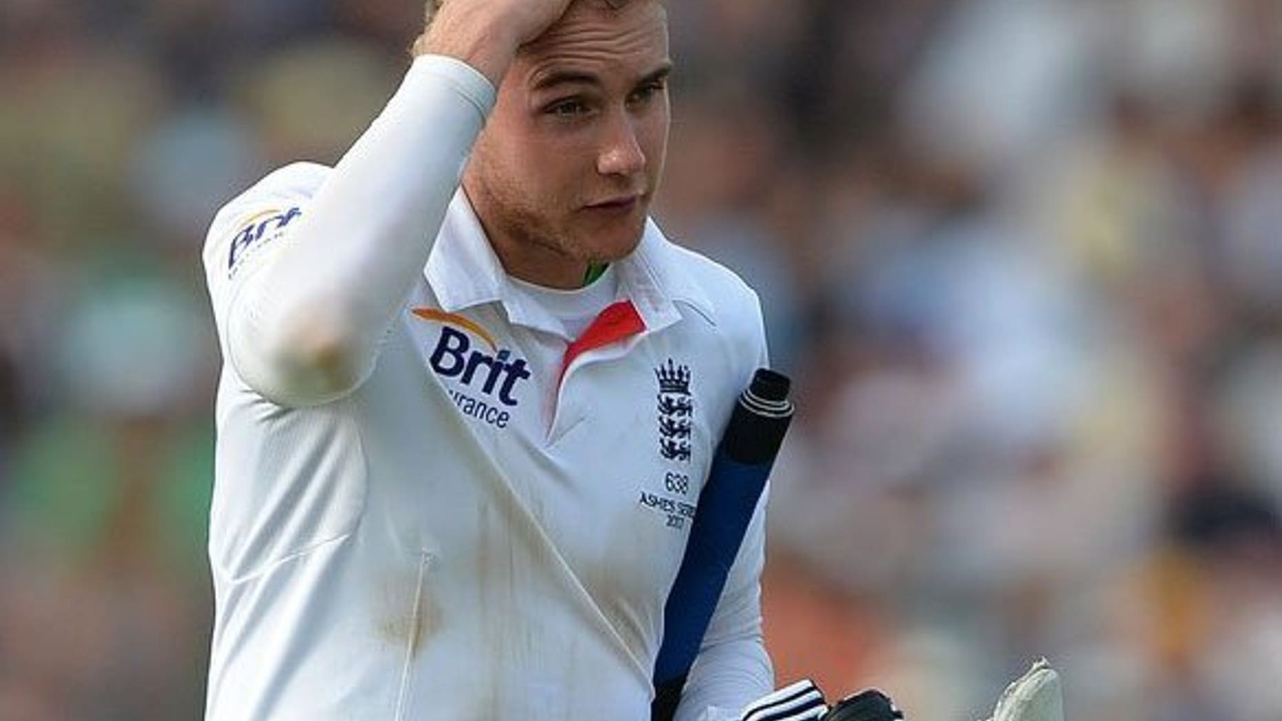England's Stuart Broad leaves the pitch at the end of the third day of the Ashes cricket match in Nottingham on July 12, 2013. West Indies great Michael Holding has called for Broad to banned from the second Ashes Test at Lord's after the England batsman refused to walk in the series opener.