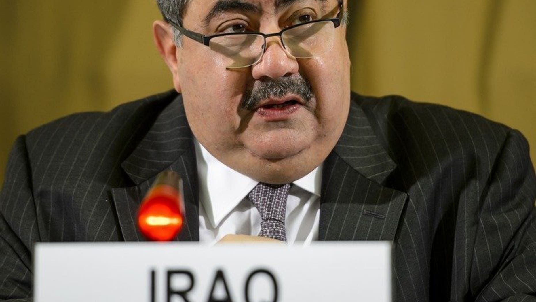 Iraqi Foreign Minister Hoshyar Zebari delivers a speech before the Conference on Disarmament in Geneva, on June 25, 2013. Iraq lacks the means to stop Iranian arms deliveries to Syria through its airspace, if there are any, Zebari said in comments published by the Asharq al-Awsat newspaper.