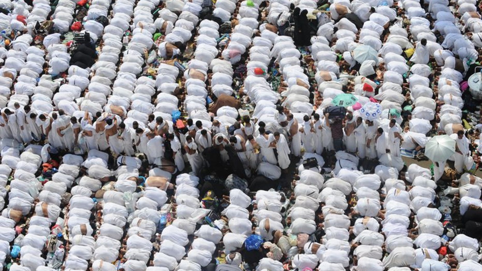 Hajj pilgrims pray outside the Namera mosque on the outskirts of the holy city of Mecca, on October 25, 2012. Saudi Arabia has urged elderly and chronically ill Muslims not to perform the hajj pilgrimage, to curb the spread of the MERS coronavirus which has killed 38 in the kingdom.