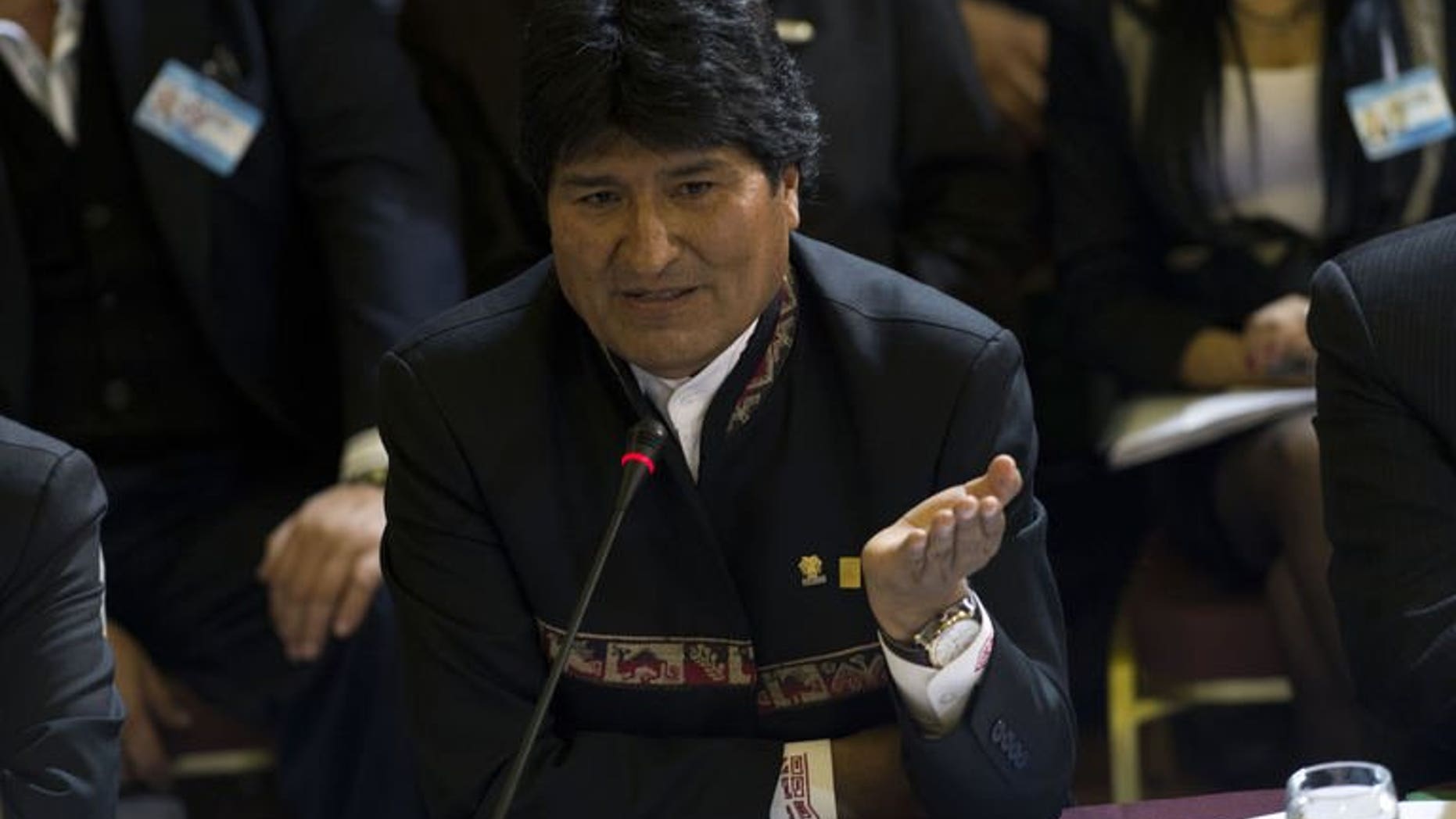 Bolivia's President Evo Morales speaks during the XLV Mercosur Summit, at the headquarters of the bloc in Montevideo on July 12, 2013. Morales on Saturday accused US intelligence of hacking into the email accounts of top Bolivian officials, saying he had shut his own account down.