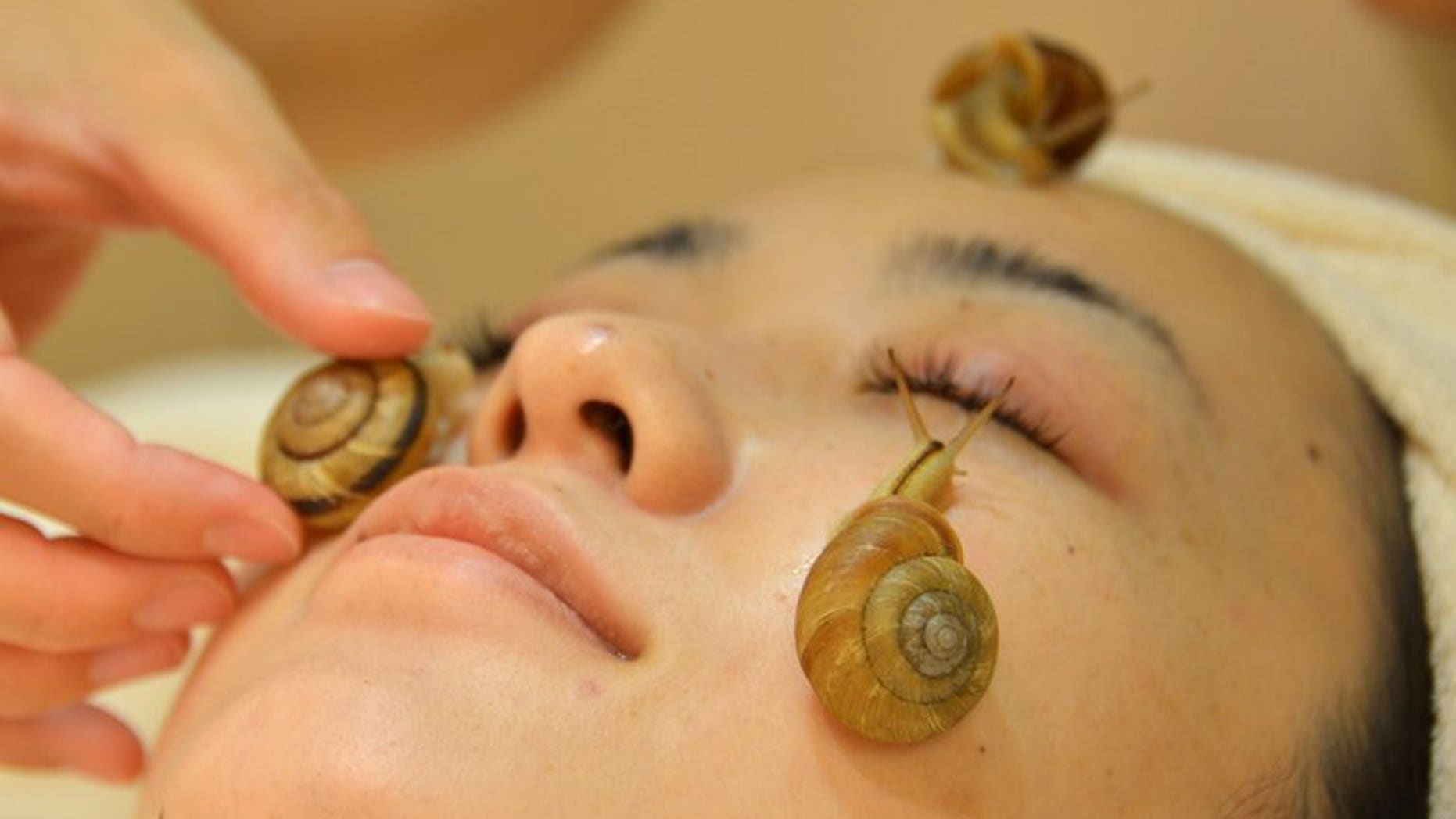 Snails crawl on the face of a woman, as part of a new beauty treatment at beauty salon "Ci:z.Labo" in Tokyo, on July 13, 2013. Staring Monday, women who want to slough off dead skin, clear their pores or roll back the years can submit themselves to five minutes of molluscs.