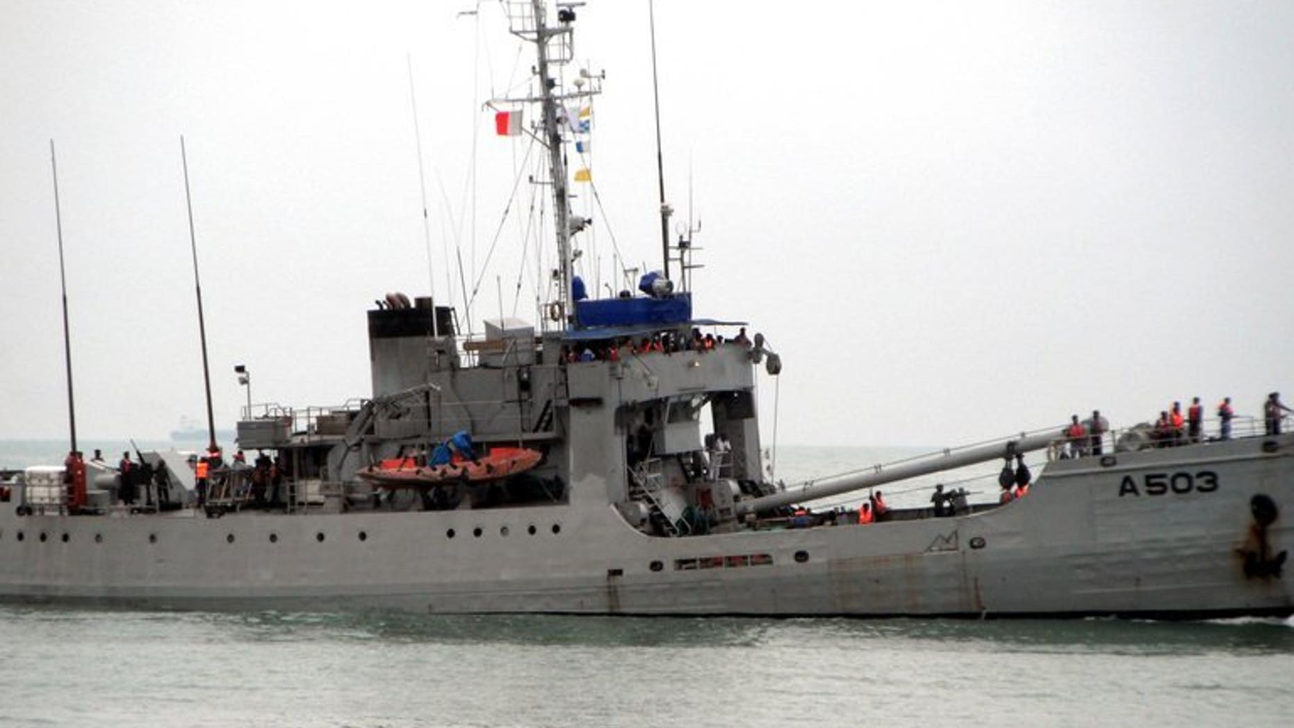 A Nigerian navy ship, one of three taking part in a joint counter-piracy patrol by the Nigerian and Benin navies, patrols the sea off the coast of Benin's capital Cotonou on September 28, 2011. The number of attacks by pirates worldwide has fallen in the last year but armed robbery and kidnappings at sea have surged off the coast of west Africa, a maritime body said on Monday.