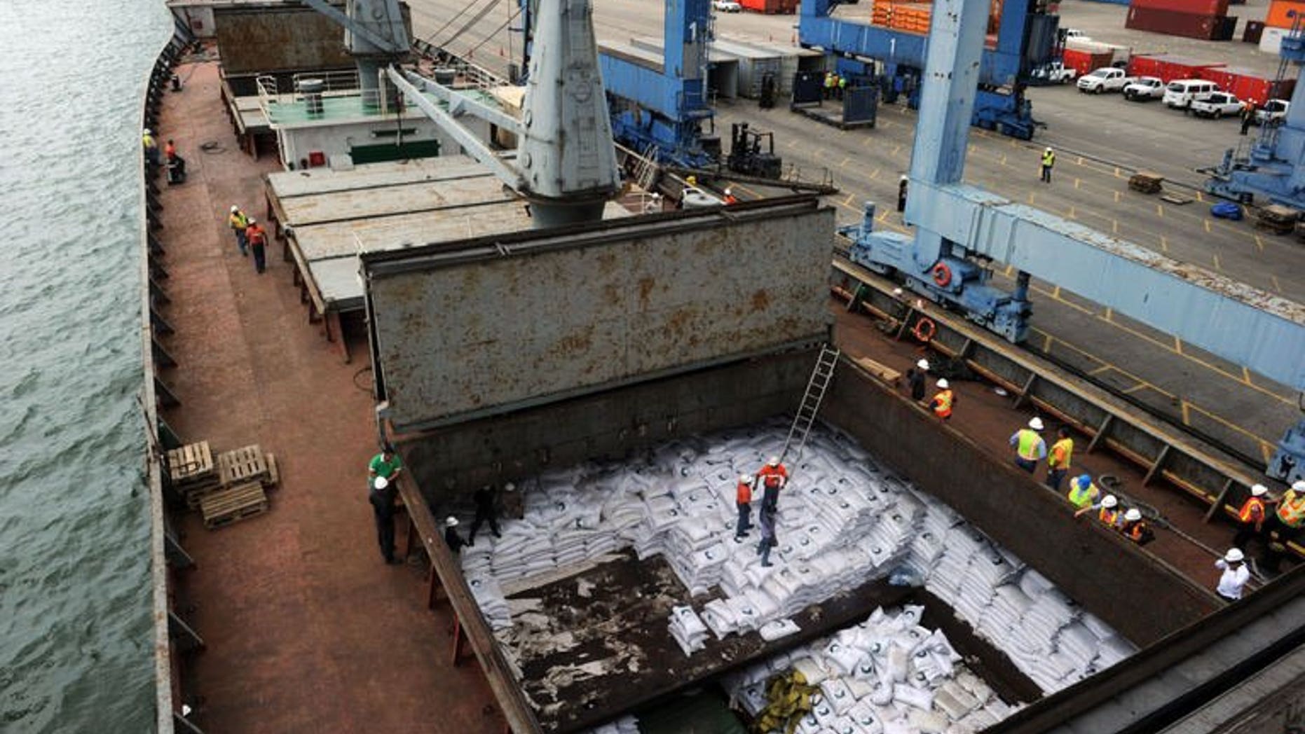 View of the North Korean vessel Chong Chong Gang at Manzanillo harbour in Colon, 90 km from Panama City on July 16, 2013. North Korea's foreign ministry said late Wednesday that Cuban arms seized from a Pyongyang-flagged ship in Panama's waters were part of a legitimate deal and demanded the immediate release of the ship, state media reported.