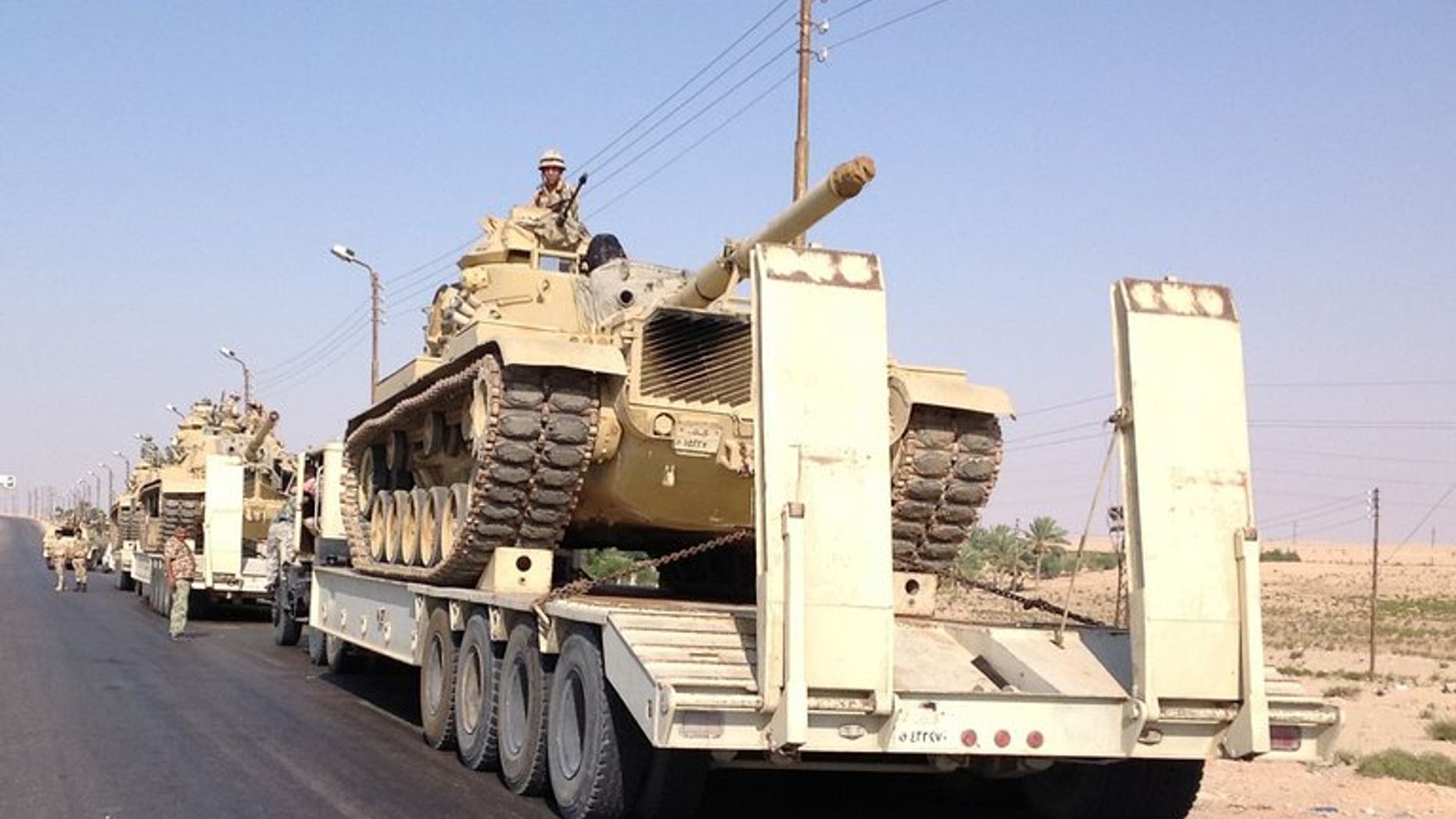Tanks are deployed in the Sinai town of Al-Arish on Tuesday. Ten jihadists have been killed in Egypt's restive Sinai peninsula in the past two days during an army offensive against Islamist militants, the official MENA news agency reported on Thursday.