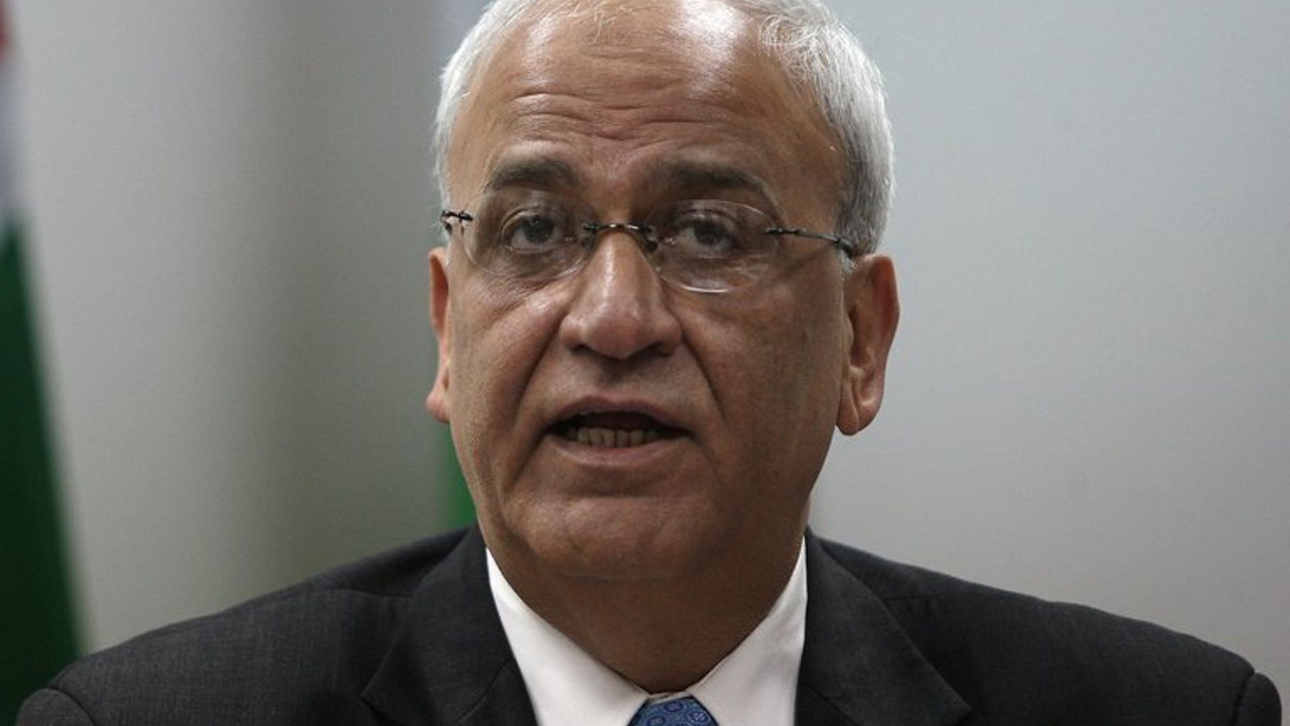 Saeb Erekat, Palestinian chief negotiator, speaks to journalists in the West Bank city of Ramallah on January 2, 2012. Erakat was announced on Friday as the man to open dialogue with his Israeli counterpart at meetings in Washington after three years of stalled peace negotiations.