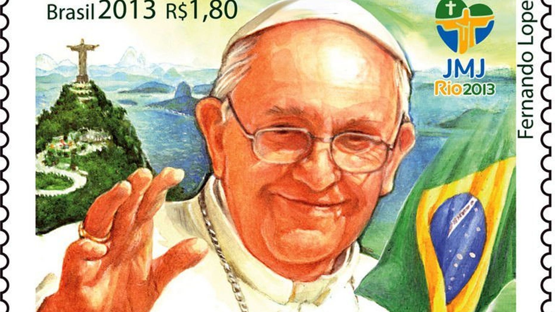 This handout photo shows a stamp commemorating Pope Francis' visit to Rio de Janeiro, Brazil. The stamp will begin circulating Tuesday after the inaugural mass of World Youth Day on Rio's famed Copacabana beach, the post office said.