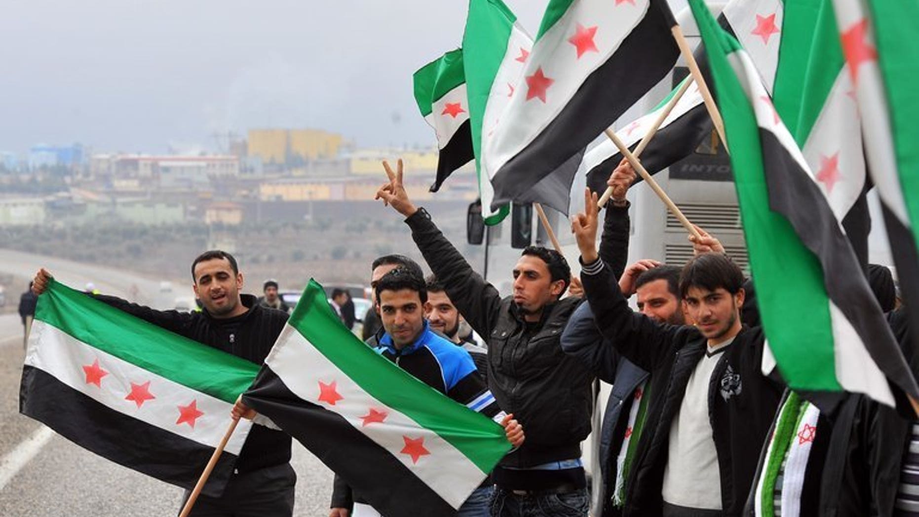 Activists, including some artists, wave a Syrian flag against president Bashar al-Assad during rally on January 12, 2012, in Kilis. The wife of acclaimed Syrian artist Youssef Abdelke, whose works are displayed in museums around the world, appealed for his release on Saturday, after his arrest by regime security forces.