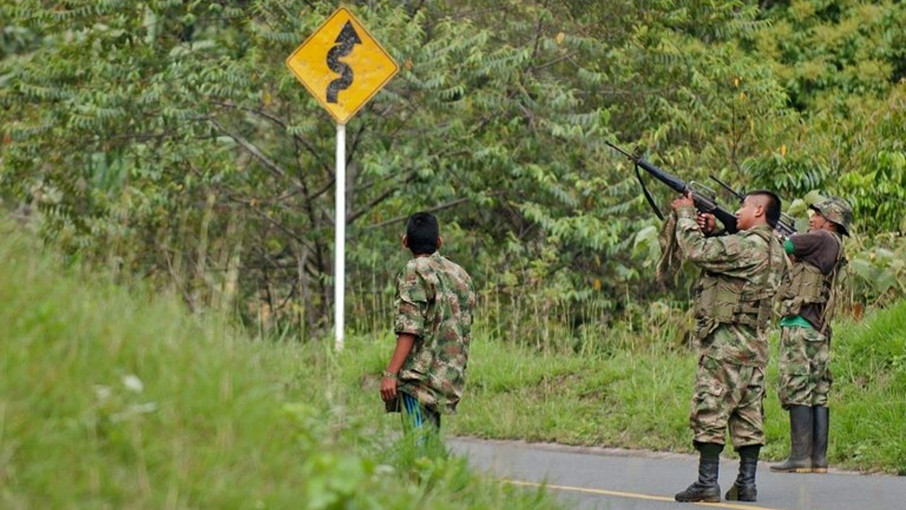 FARC guerrillas shoot to stop police from advancing, in the rural area of Caloto, department of Cauca, on June 4, 2013. Fifteen Colombian soldiers were killed Saturday in an ambush by leftist FARC rebels, the country's president said, raising concerns about peace talks launched last year.