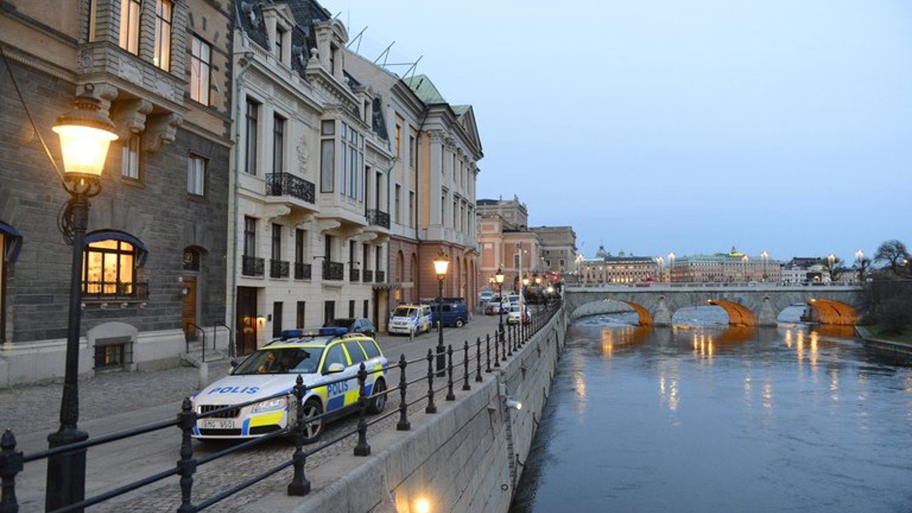 A Swedish police car is parked outside the Sagerska Palace in Stockholm, on November 9, 2012. Swedish police deny one of its cars had taken part in an illegal street race in a Stockholm suburb, as suggested by a mass-circulation daily providing what it said was video evidence.