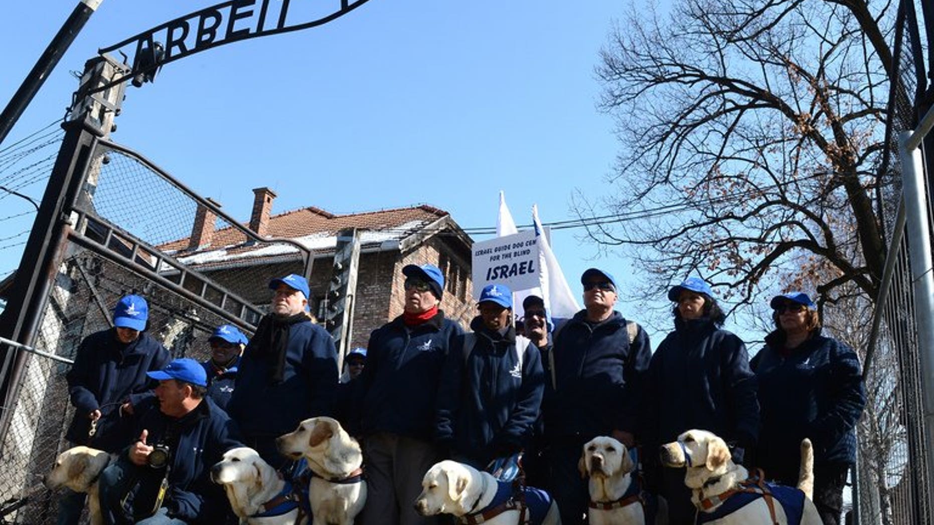 Members of the "Israeli Guide Dog Center for the Blind" participate in the annual "March of the Living" at Auschwitz-Birkenau concentration camp, April 8, 2013 to commemorate the victims of the Holocaust . The Nazi-hunting Simon Wiesenthal Center hung posters on the streets of major German cities Tuesday seeking information on the last perpetrators of the Holocaust still at large nearly 70yrs on.
