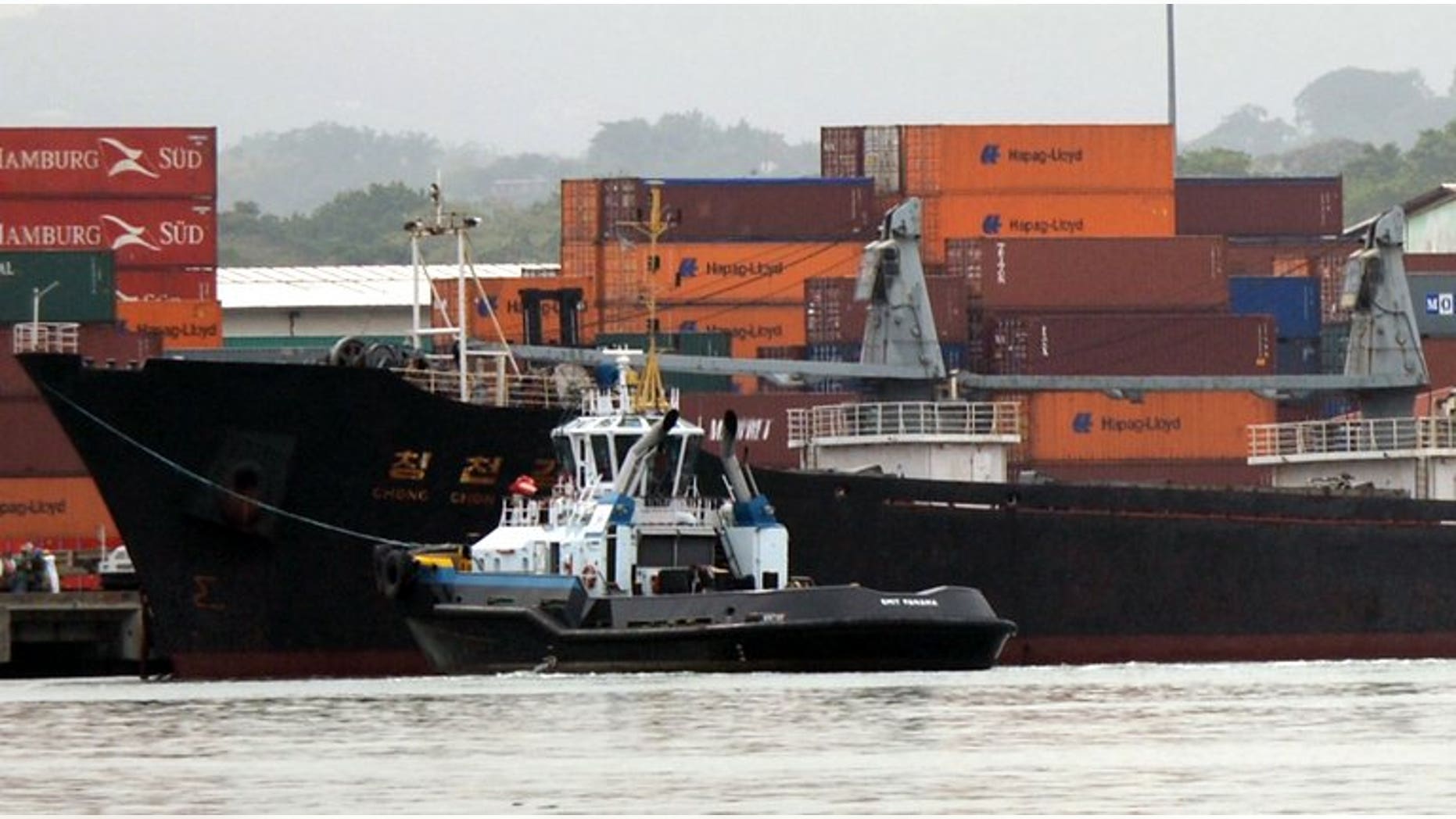 Partial view of North Korean vessel Chong Chon Gang at Manzanillo harbour in Colon, 90 km from Panama City on July 16, 2013. A delegation from the Panamanian Red Cross Tuesday visited the 35 crew members from a North Korea ship being held for carrying undeclared Cuban weapons.