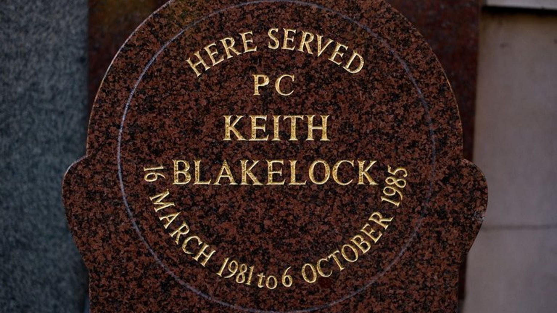 A memorial stone to PC Keith Blakelock on Muswell Hill in north London pictured on October 6, 2010. A 44-year-old man accused of the murder of PC Keith Blakelock during the Broadwater Farm riots in north London in 1985 will appear at Westminster Magistrates' Court on Wednesday.